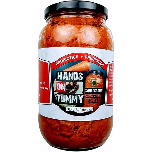Hands on Tummy - Sauerkraut Spicy (1 Kg) - Probiotic - Spicy Fermented Cabbage + Carrot Mixed Pickle - Organic