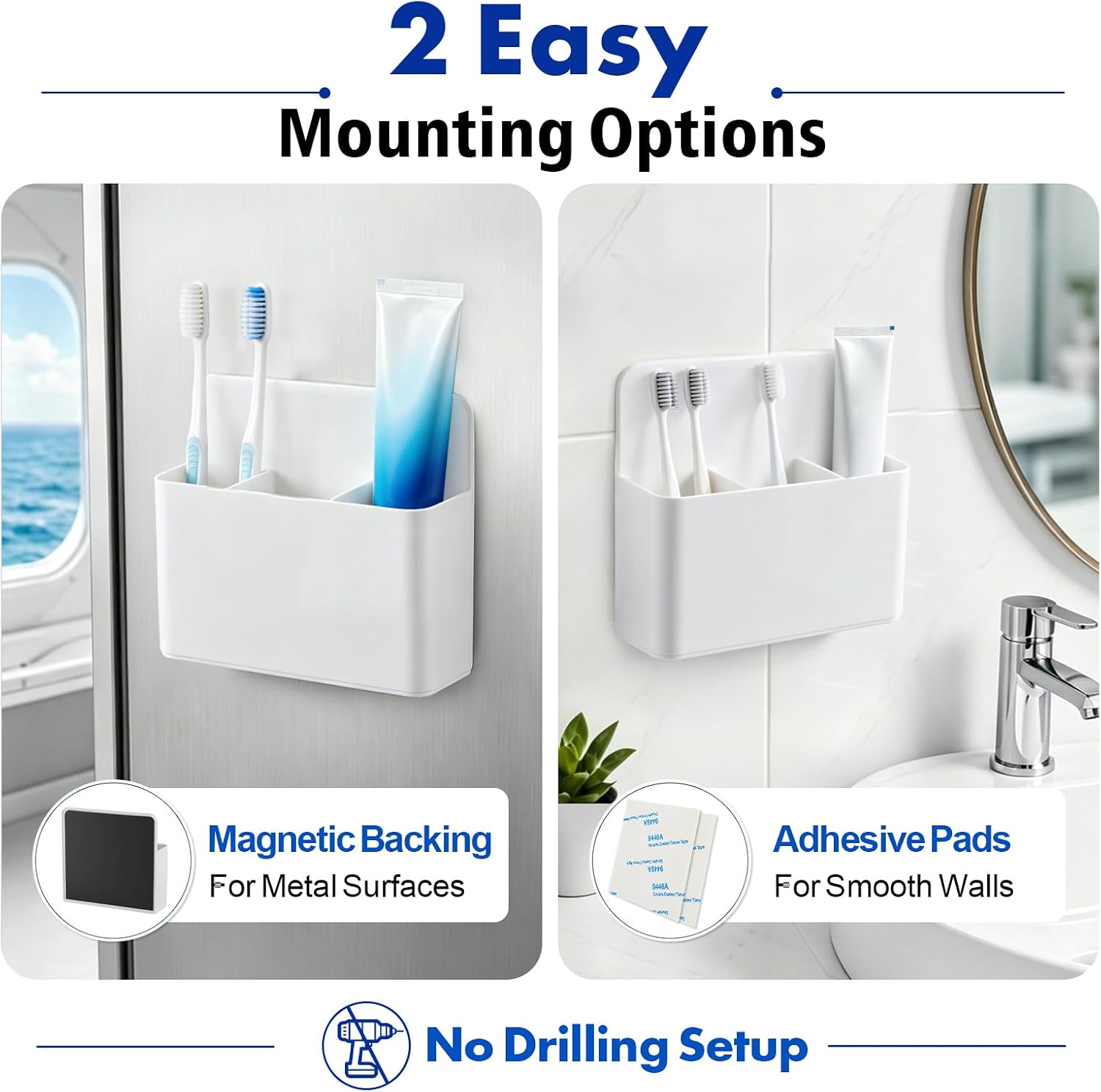 AgePlace 2 Pack Magnetic Toothbrush Holder for Cruise Ship Cabins, Toothbrush Holders Wall Mounted with 3 Removable Dividers, Travel Must Haves, Cruise Essentials 2026 for Alaska & Caribbean Cruises