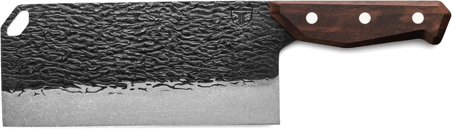 TRUE PrimalForge Cleaver Knife | Cutting Meat, Chopping Fruits & Vegetables, Home & Professional Knife, Rugged Stonewash Finish, Sharp 5Cr15MoV Stainless-Steel, Wood Handle, Hand Forged Appearance