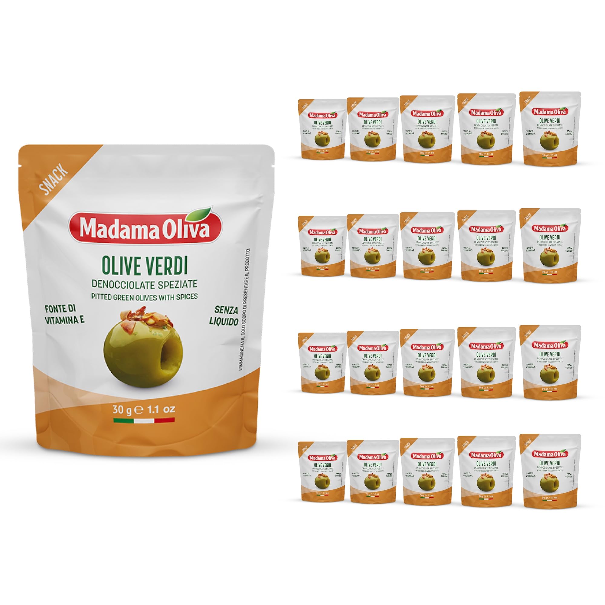 MADAMA OLIVA, Olive Verdi Denocciolate Speziate, Colore Verde Intenso e dal Gusto Caratteristico, 100% Made in Italy, 100% Vegetale, Box da 20 Buste in Alluminio da 30 gr