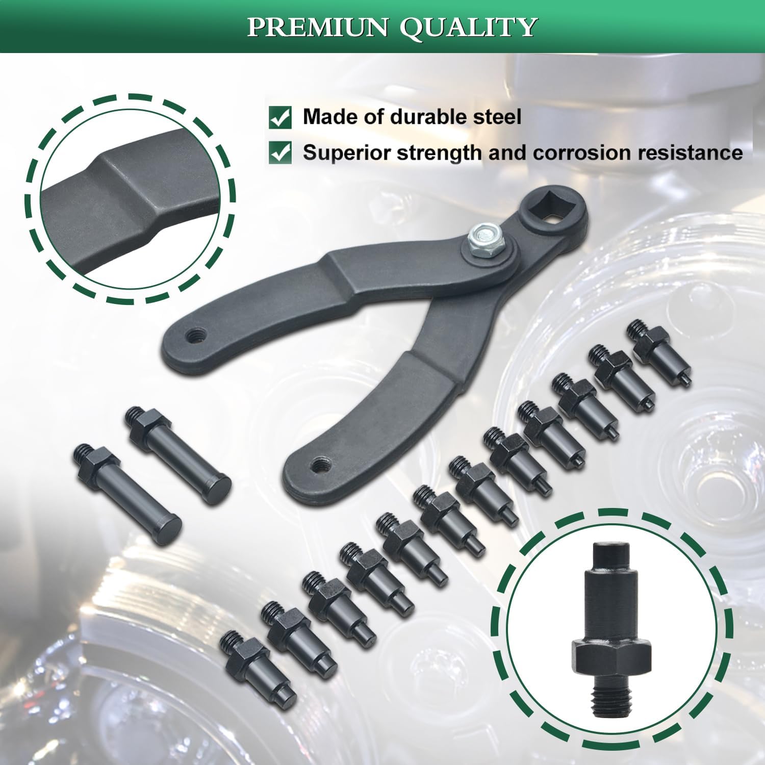 LainKeen 15PCS Pulley Holder Tool Kit, Universal Pin Spanner Wrench Set, 1/2-inch Drive Ratchet Adjustable Spanner Wrench with Variable Pins fits Camshaft Pulleys, Fan Clutch Removal Wrench Tool