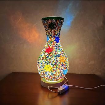 Mosaic Turkish Vase Lamp Turkish Moroccan Table Lamp Colorful Handmade Glass Vase with Wood Base for Flowers USB Charge Decor Light for Bedroom Ambient Living Room Farmhouse5.11in*11in