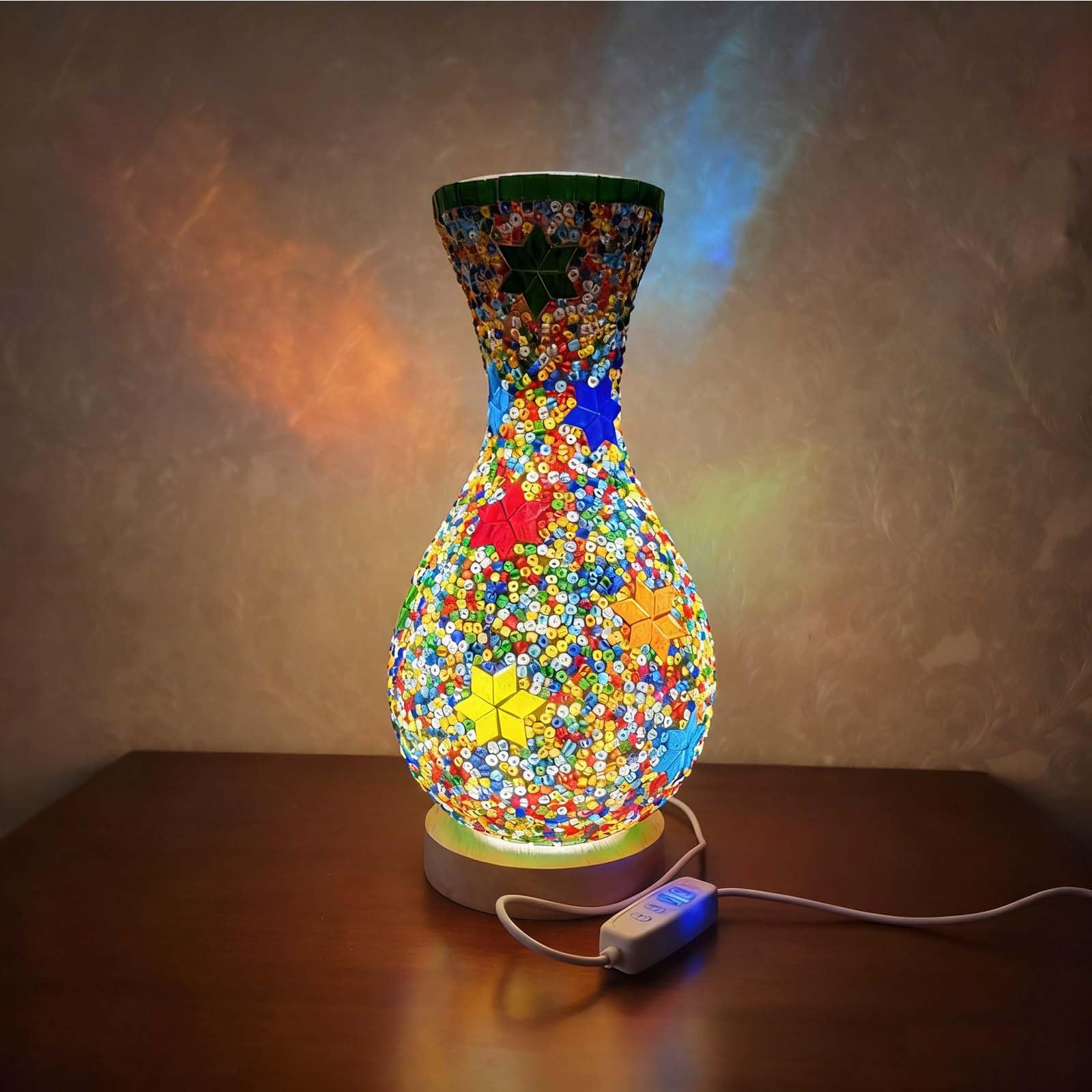 wpdash Mosaic Turkish Vase Lamp Turkish Moroccan Table Lamp Colorful Handmade Glass Vase with Wood Base for Flowers USB Charge Decor Light for Bedroom Ambient Living Room Farmhouse（5.11in*11in）