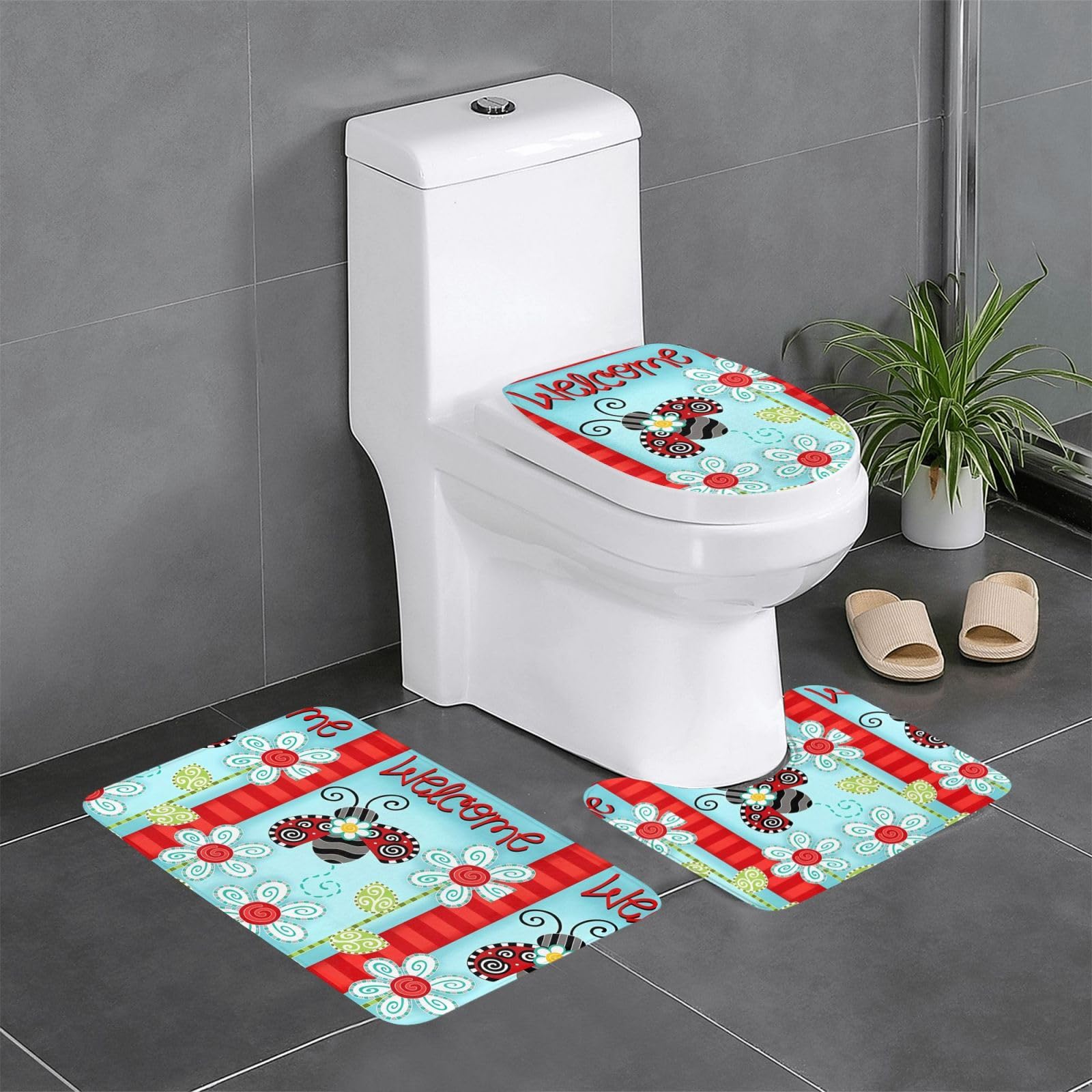 Alfombras de baño de mariquitas juego de 3 piezas de poliéster 24x16