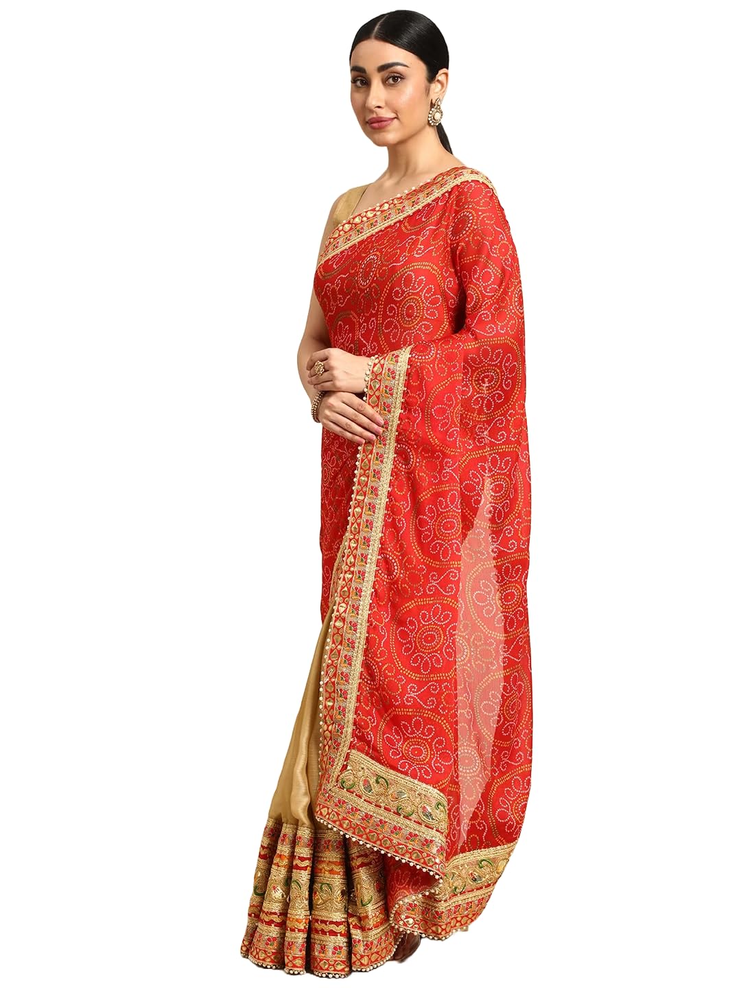 Pandadi Saree Women's Elegance Chiffon Bandhani Saree with Heavy Lehenga Design
