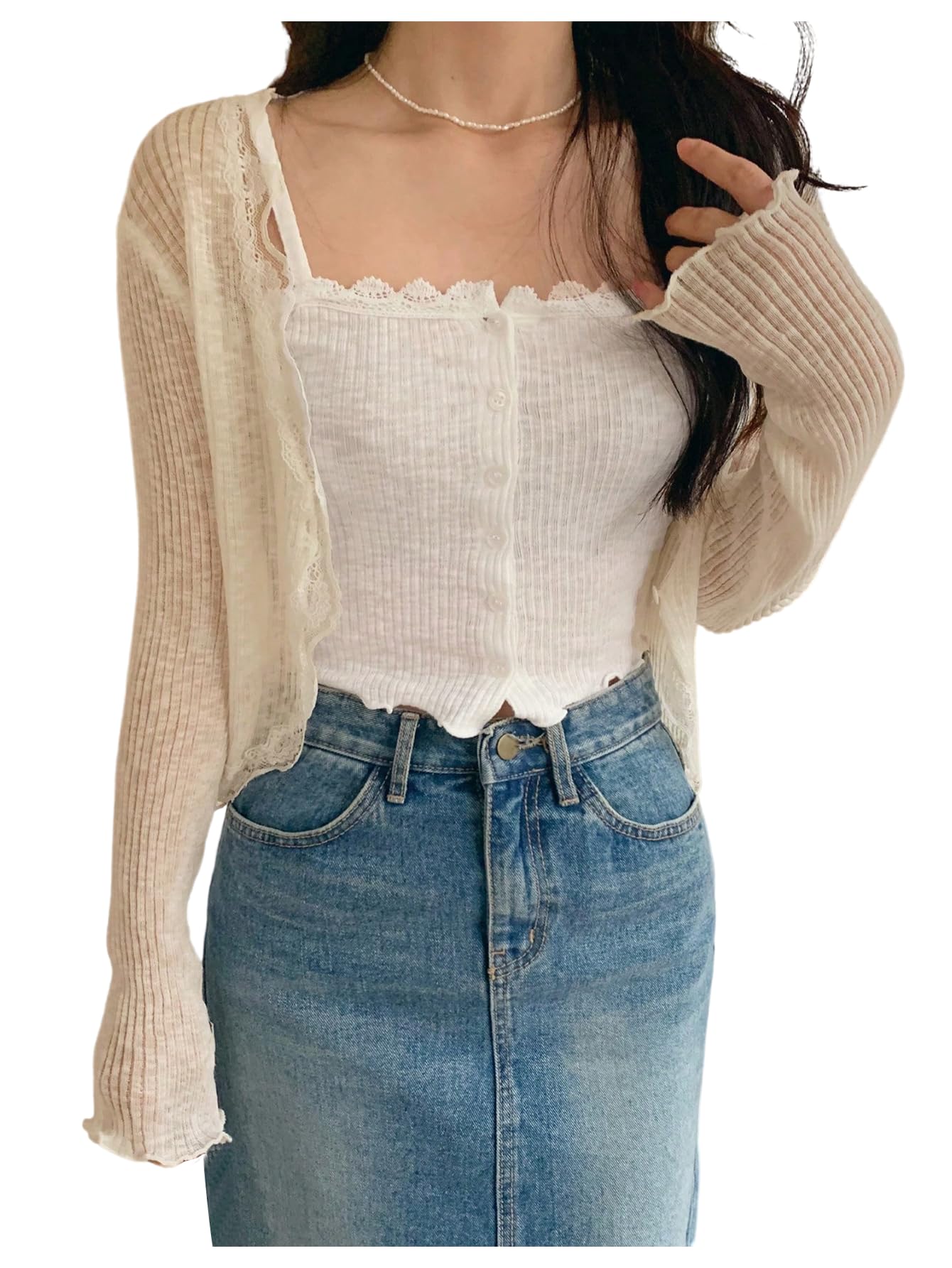 GORGLITTER Womens Button Up Lightweight Cardigan Sheer Lace Trim Long Sleeve Open Front Fall Knit Tops