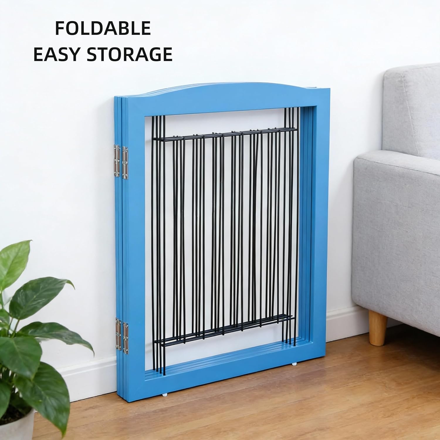 ZJSF Freestanding Dog Fence Indoor, Foldable Dog Gate for Doorways, Stairs or Hallways, Sturdy Wood Extra Wide Pet Gate with Support Feet for The House, Blue, 24 "Height-4 Panels