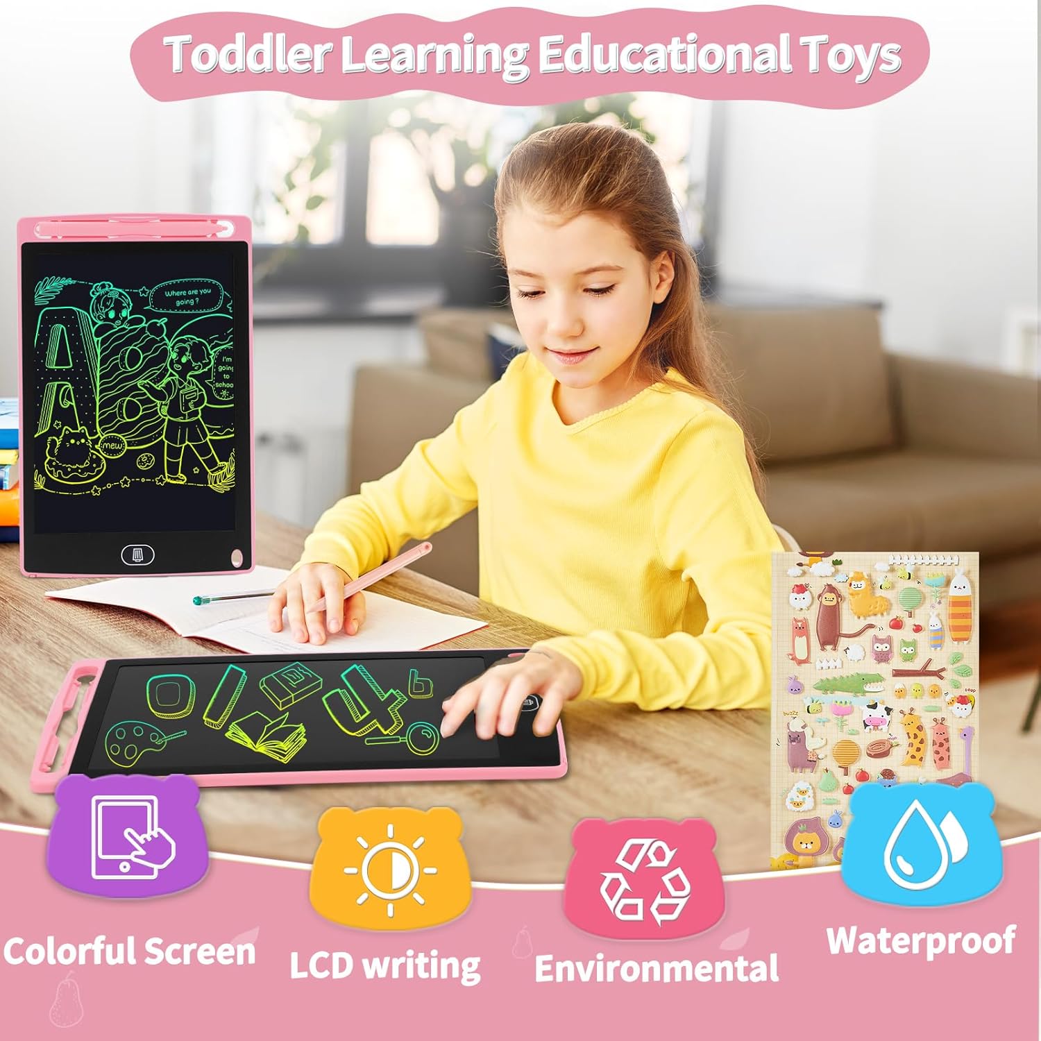 Genialba Tavoletta Grafica LCD Scrittura Colorato 12 Pollici, Lavagna da Disegno Cancellabile Portatile, Regalo Bambini, Tavoletta Grafica per Giochi Bambini 2 3 4 5 6 7 Anni Ragazze (Rossa) Rosa 12 inch - Immagine 3