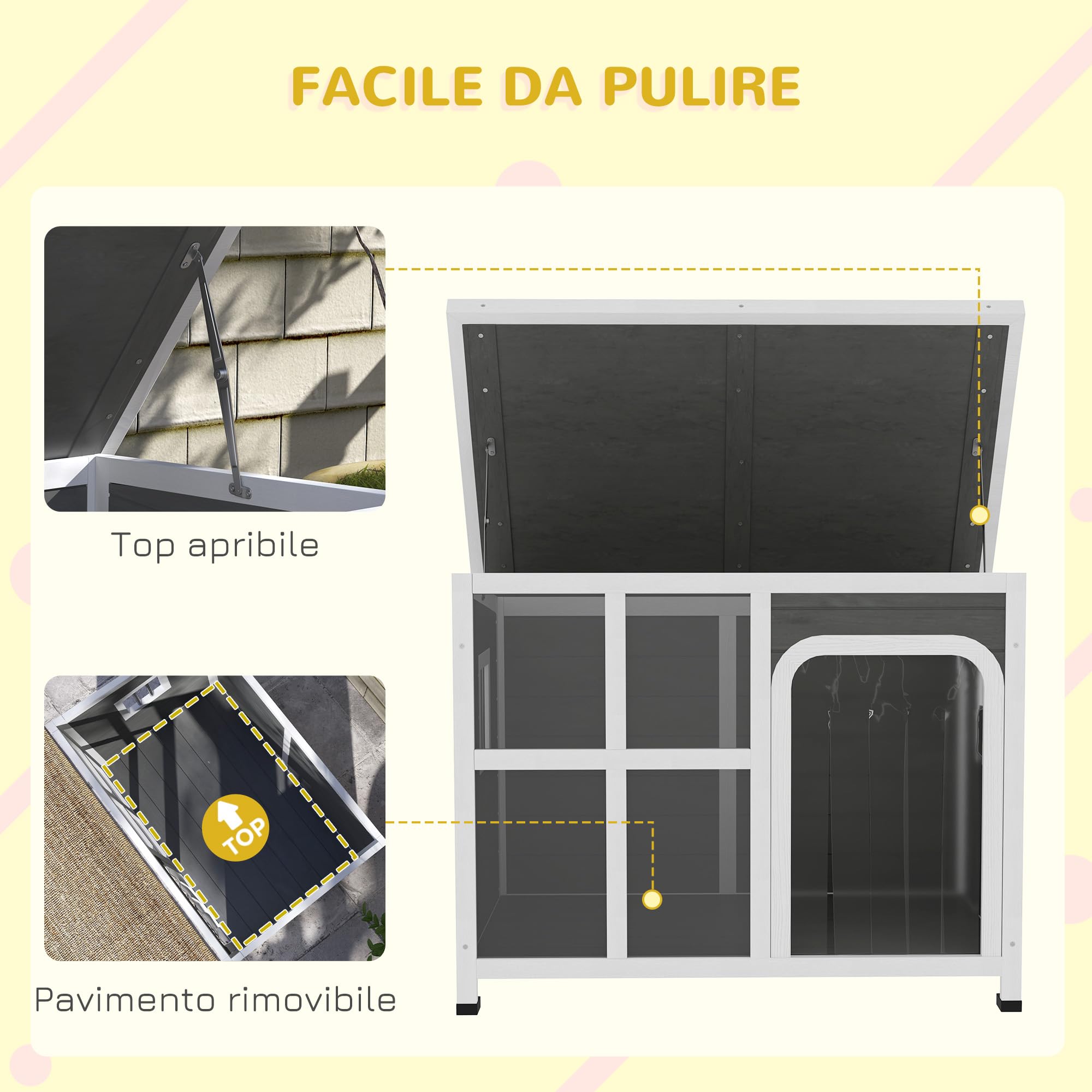 PawHut Casetta per Cani Taglia Piccola e Media con Finestrelle Laterali e Tendina da Ingresso, Cuccia per Cane da Esterno con Base Estraibile e Tettuccio Apribile, 90x62x71 cm, Grigio Chiaro