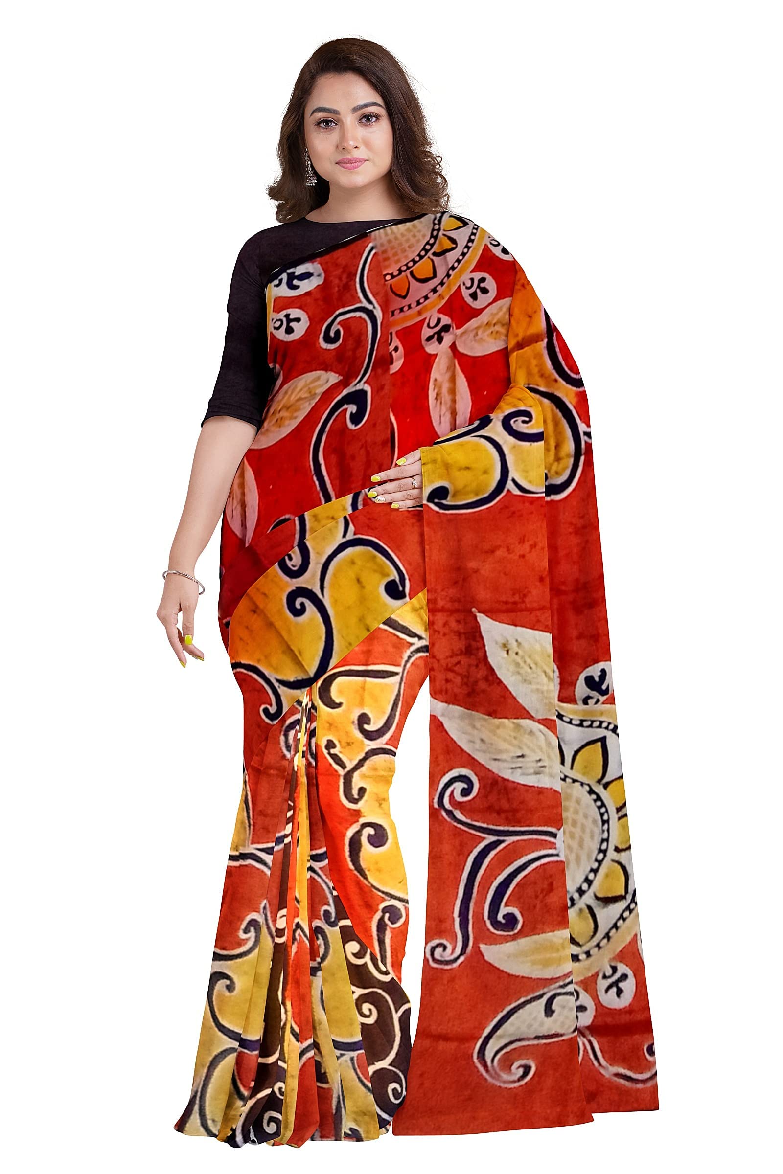 3stones Women's Handwoven Hand Batik Pure Silk Saree and Blouse Piece with Silk Mark (GCM13_Orange)