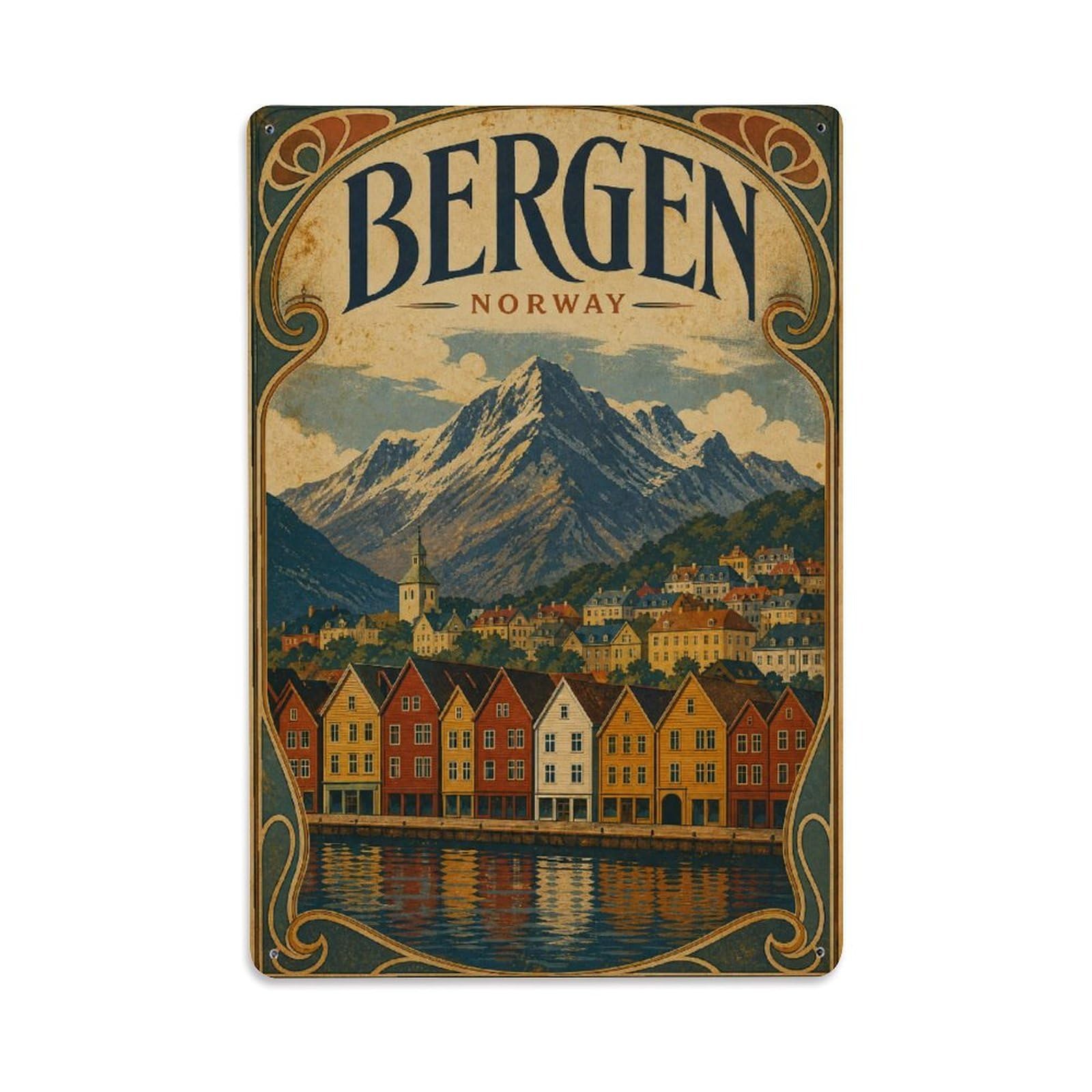 Metal Tin Sign Vintage Travel Norway Bergen