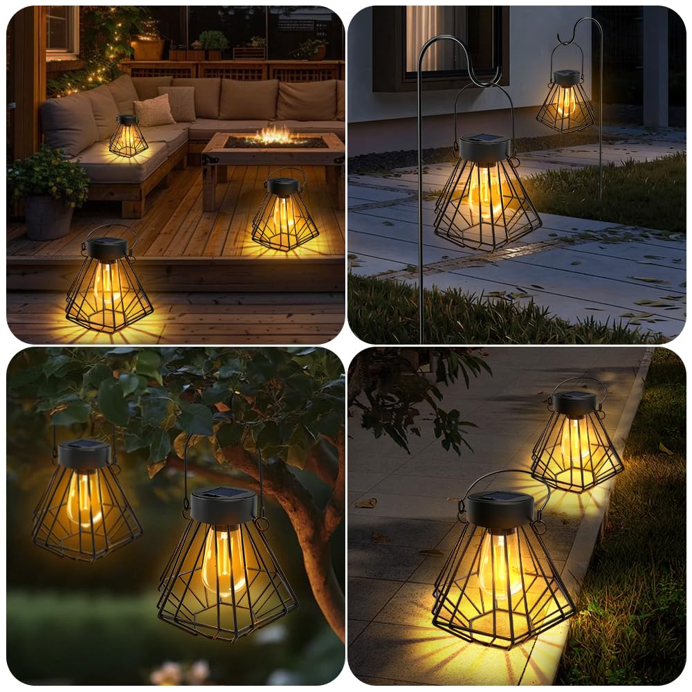2 Piezas Farolillos Solares Exterior Colgante/De Pie, Farolas Solares Exterior de Metal, IP65 Impermeable Lampara Solar Exterior, Decorativa Lamparas Solares Exterior para Jardin,Balcón,Terraza,Porch