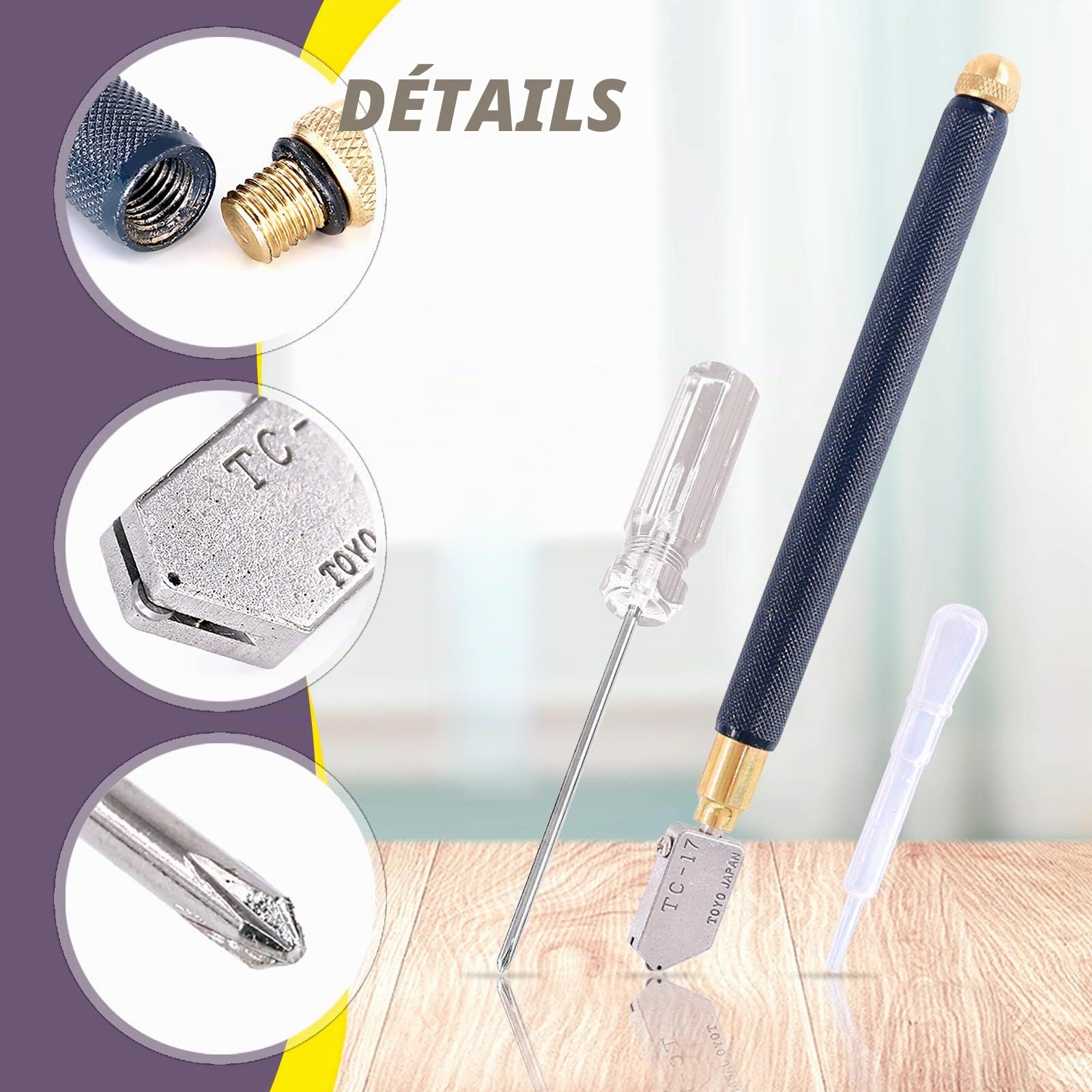 Swpeet Kit d'outils de Coupe Verre 9 Pièces avec Pince à Épiler Courbée et Embouts en Caoutchouc, Coupe-verre à Pointe en Carbure d'Alimentation en Huile, 2 Lames