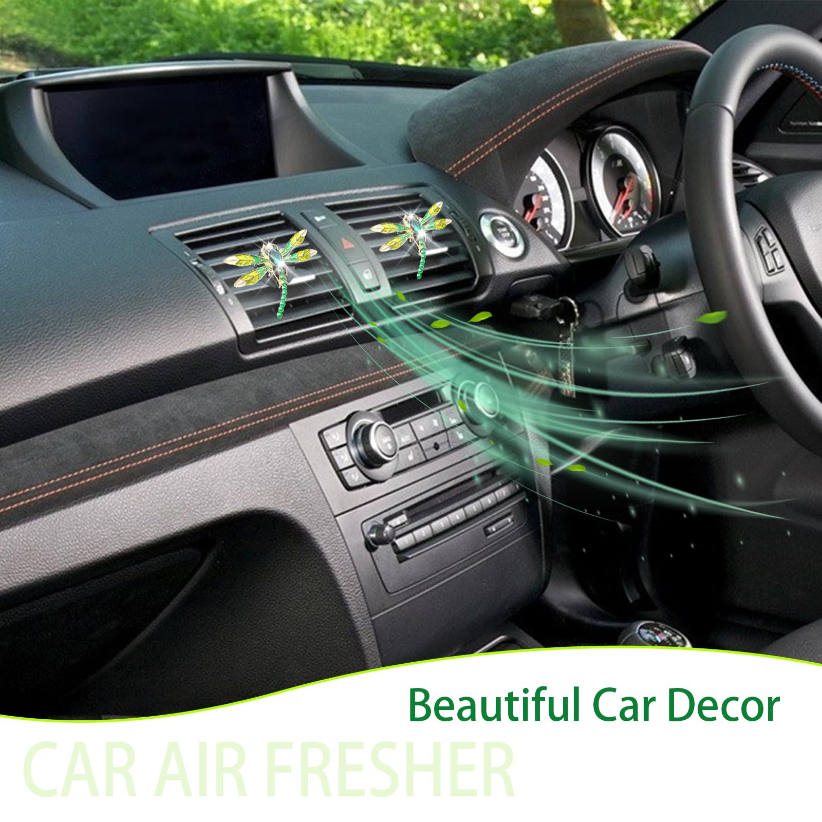 ORIESSE Bling Dragonfly - Ambientador de coche con clips de ventilación, 2 piezas de glamurosas libélulas verdes, bonitos accesorios para coche, difusor de coche recargable, elegante decoración de