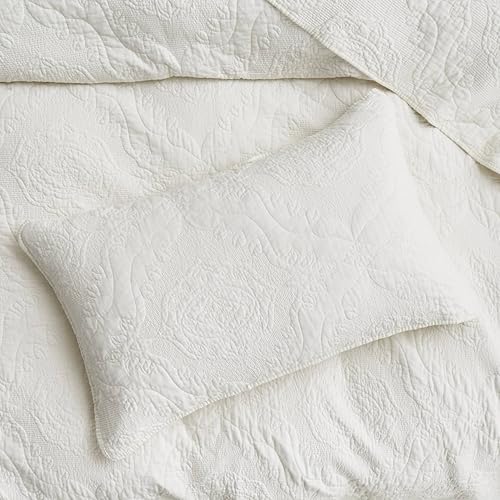 Miniatura 5 de Tache - Juego de 3 piezas de colcha acolchada ligera bordada de algodón damasco paisley vainilla crema marfil elegante matelassé, tamaño Queen