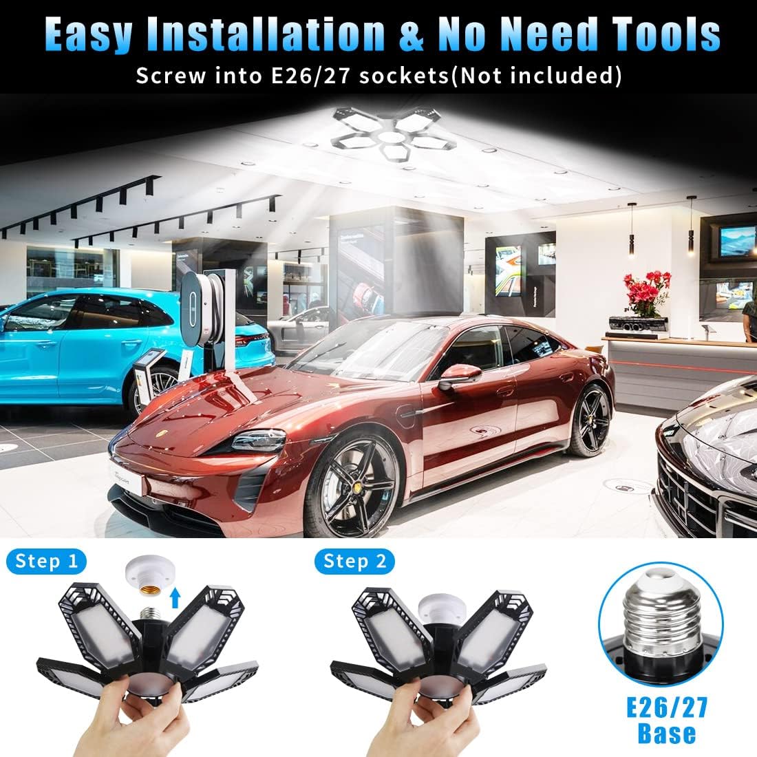 JAMIEWIN LED Garage Ceiling Lights, 120W 12000LM Deformable Garage Light Fixture 6500K E26/E27 LED Shop Light for Garage Workshop Basement Attic Barn