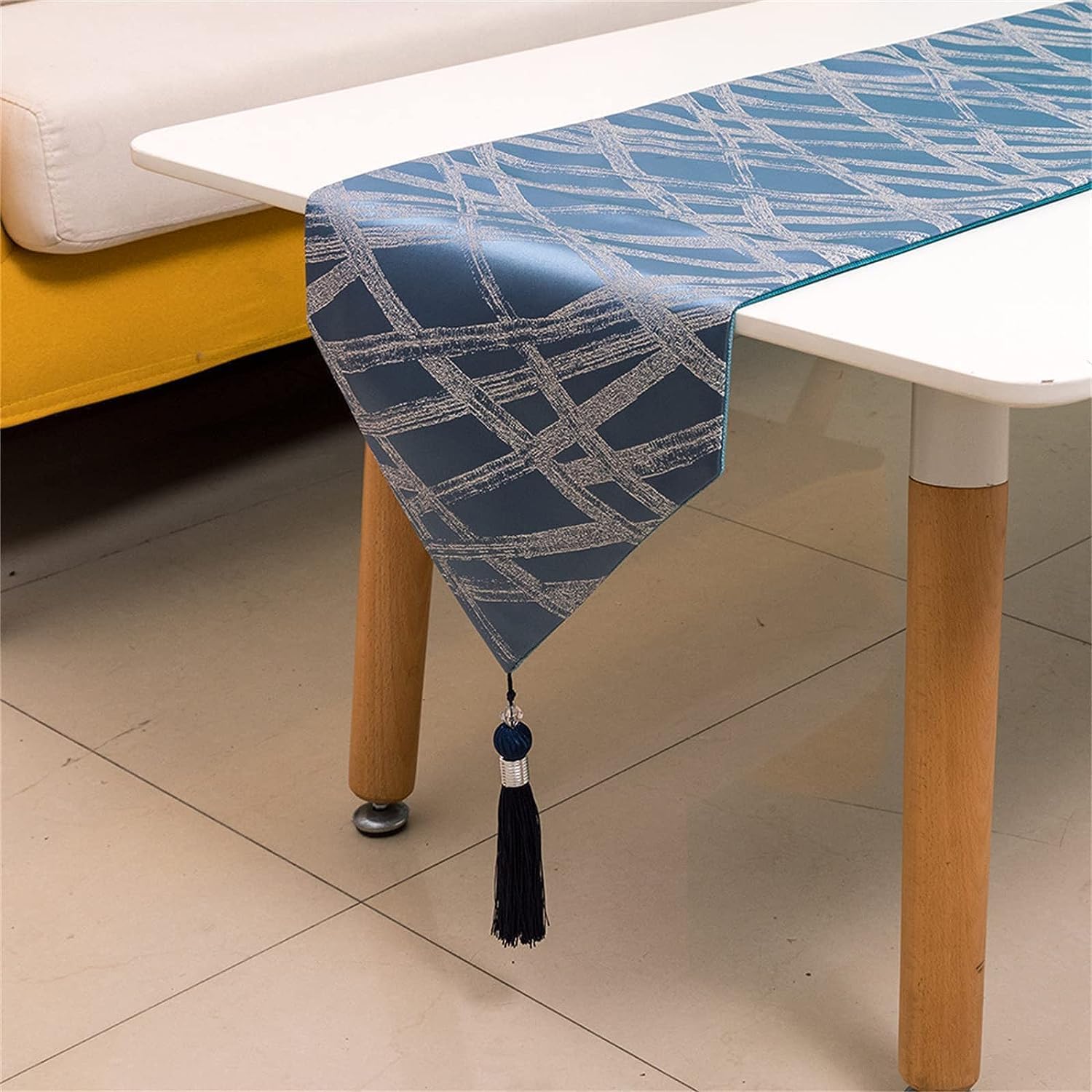 VermiS Dining Table Runners Table Runners Polyester Jacquard Elegant Table Runner with Tassel for Home Dining Table Topper Decorative Coffee Tablecloth,30x210 cm/11.8x82.6 Inch,Gray (Color : Blue)