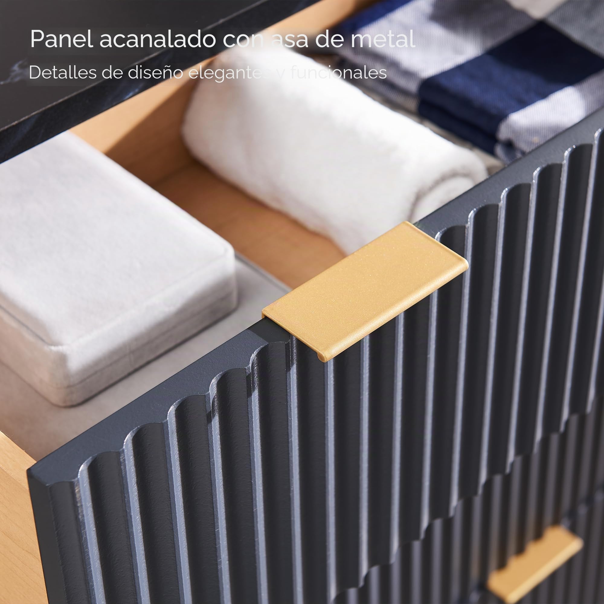 Cajonera de 5 cajones, 122 cm de altura, diseño moderno con surcos, diseño abovedado, con tablero de melamina efecto mármol, aparador para dormitorio y sala de estar, color gris oscuro