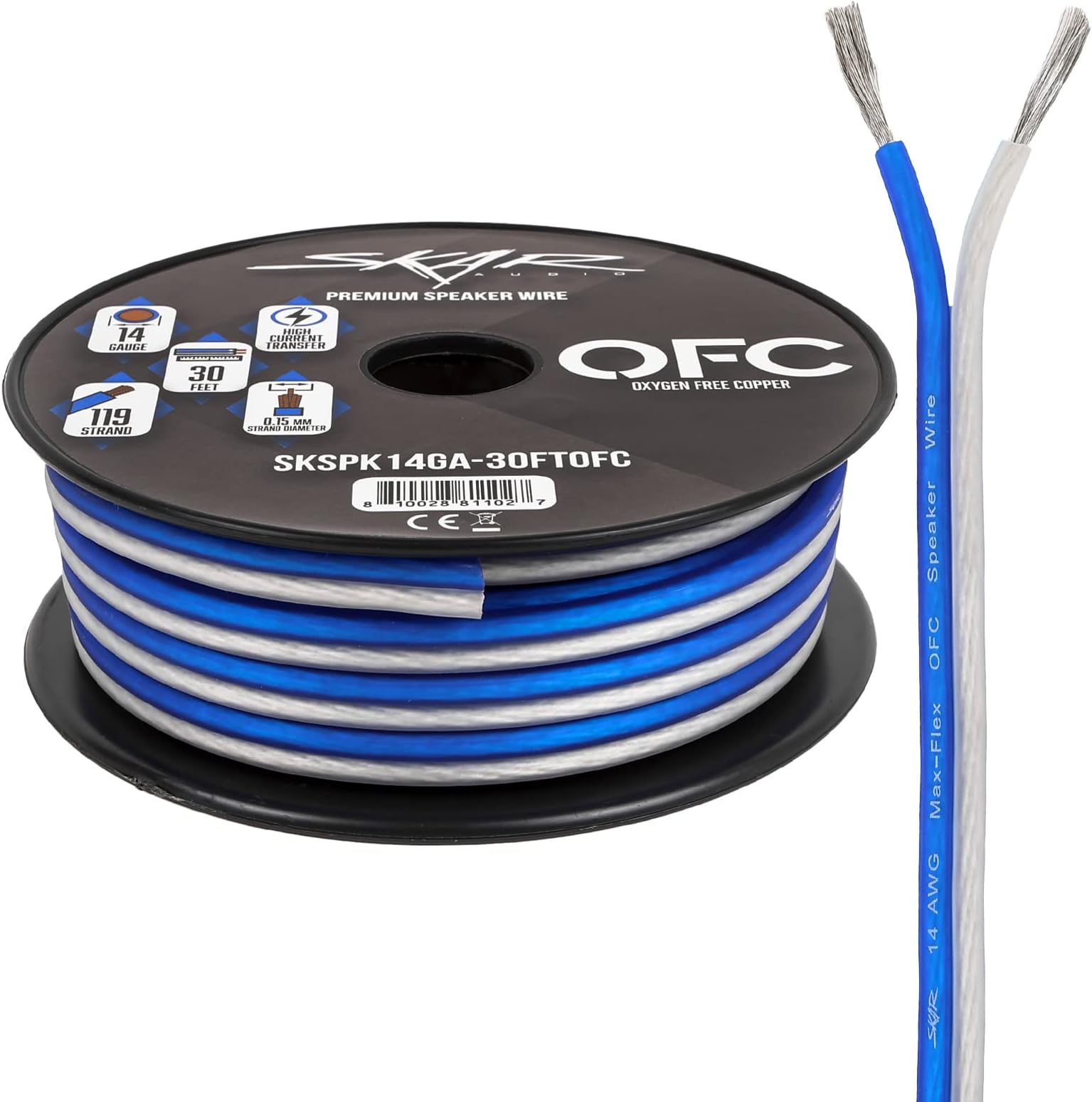 Skar Audio 14 Gauge (AWG) Elite Oxygen-Free Copper Audio Speaker Wire - 30 Feet (Blue/White)