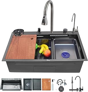FOSSA Fossa Smart 30"x18"x09" 5-Year Warranty Single Bowl Waterfall Pure Premium Stainless Steel Kitchen Sink Honeycomb Embossed Sink with Nano Coating, With All Accessories Included. (Black)