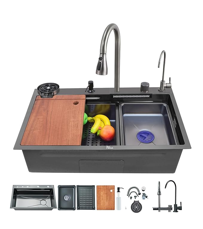 Fossa 30"x18"x10" Inch 5-Year Warranty Single Bowl Waterfall Kitchen Sink Pure Premium Stainless Steel Integrated Waterfall Mode and Pull Down Faucet and Complete Accessories (Black)