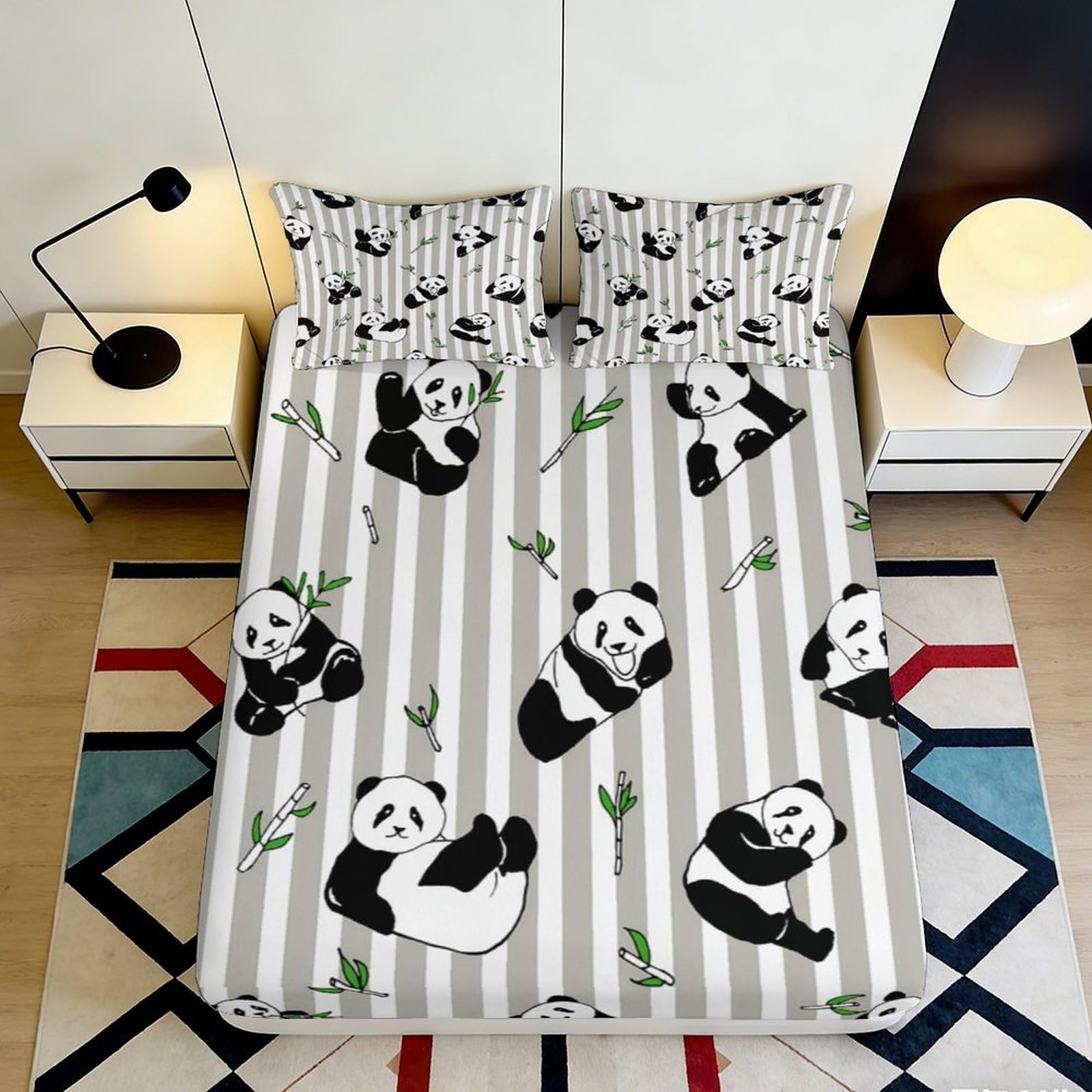 3D Printed Panda Bamboo Fitted Sheet Microfiber Soft Breathable Cartoon Mattress Cover for Bedroom Guest Room Decor 90x200x25cm