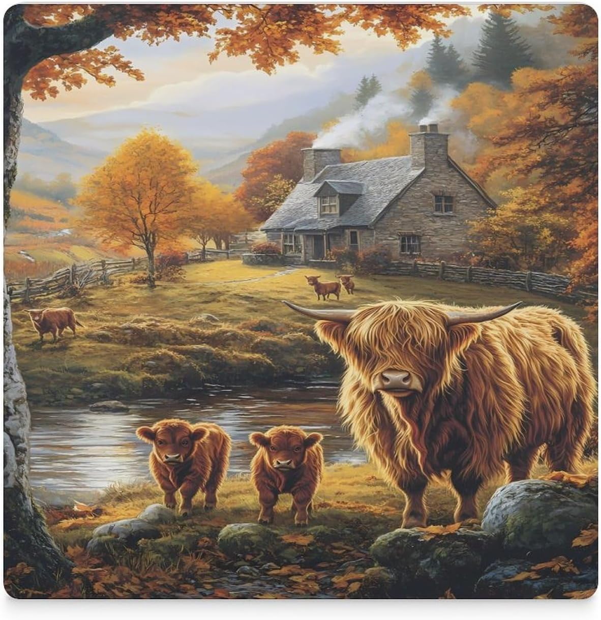 Highland Cow Farmhouse Ceramic Coasters Square Drinks Coaster Coffee Table Decor Table Coaster for Home Bar