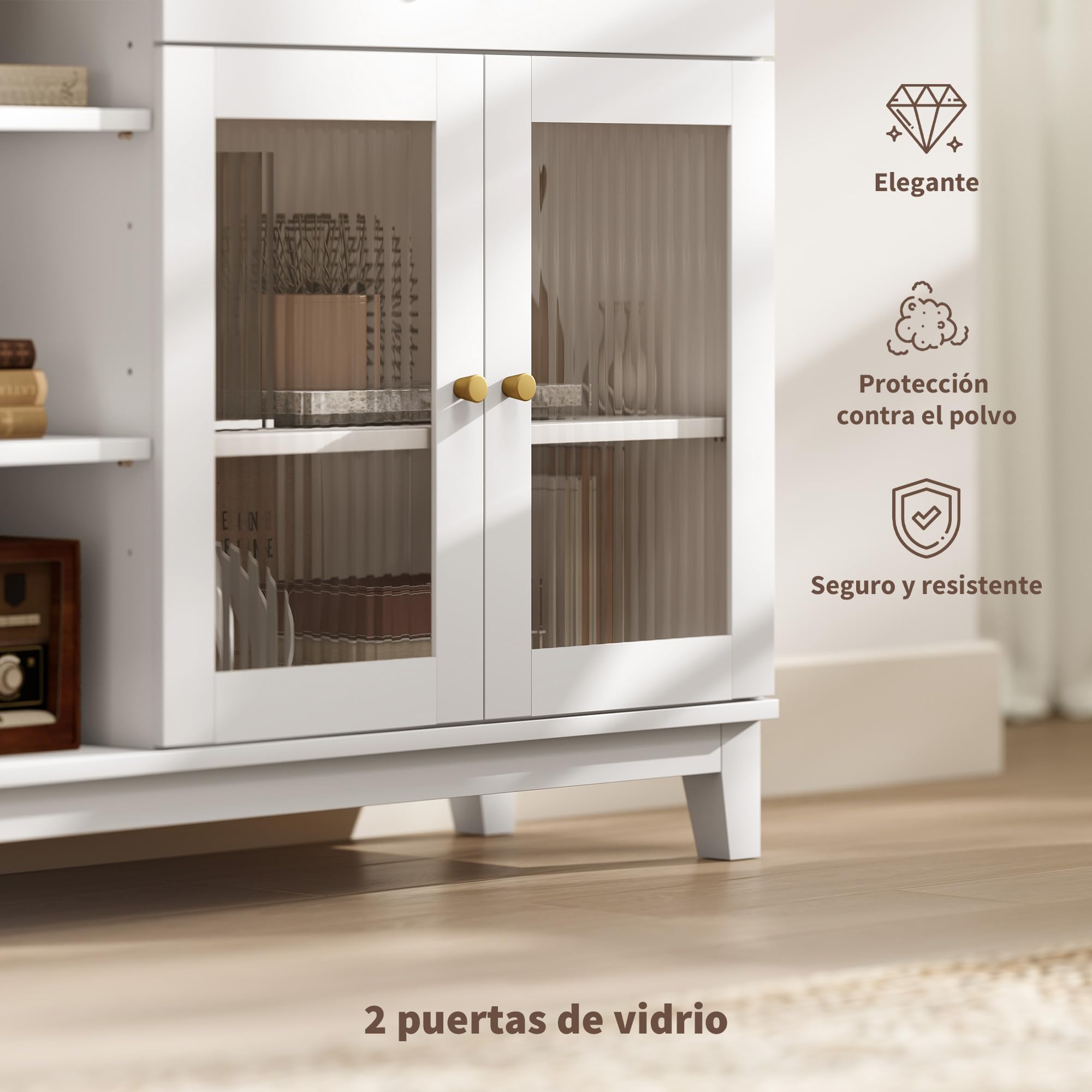 HOMCOM Aparador para Salón Moderno 2 Puertas Vidrio 100x35x80,3 cm Blanco | Vidrio Estriado, Cajón, Compartimentos Abiertos, Estantes Regulables, Aparador para Comedor y Entrada