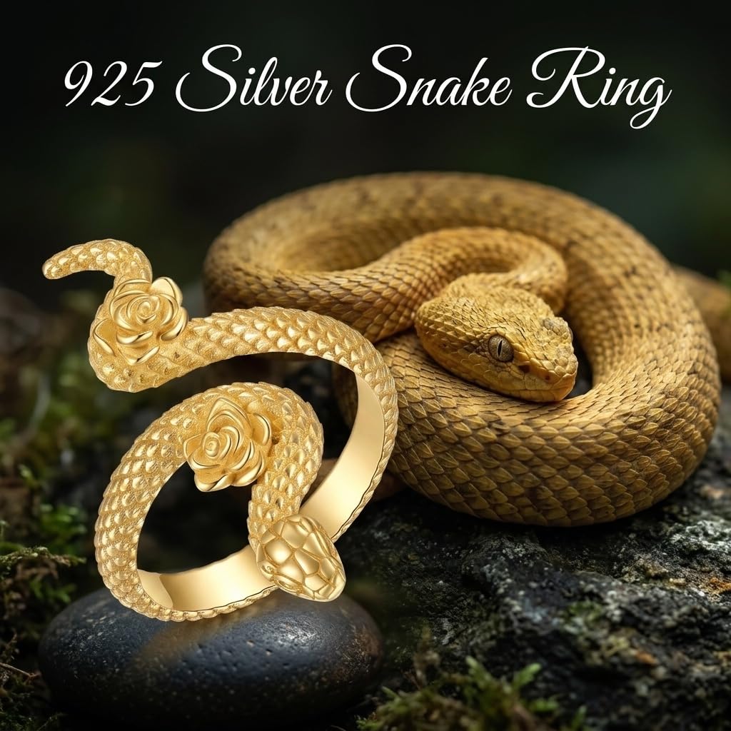 DAYLINLOVE Anillo gótico de serpiente de plata de ley 925, anillo abierto ajustable para el pulgar, joyería gótica de serpiente regalo para mujeres y niñas (chapado en oro de 18 quilates)