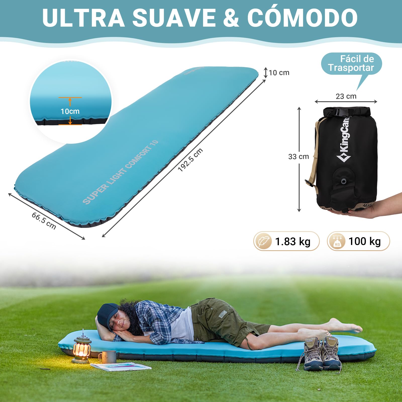 KingCamp colchoneta Inflable de Camping colchoneta Espuma Memoria Individual 10 cm Espesor colchoneta Inflable colchoneta de Camping Suave 50D TPU elástico Impermeable para Senderismo mochilero