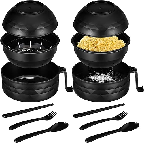 Zubebe Juego de 2 tazones para ramen para microondas de 33 onzas con tapa con asa, cuenco para fideos con palillos, cuchara, tenedor, dormitorio