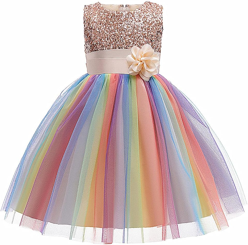Super Fairy Flower Girls Sequin Mesh Tulle Rainbow Party Dress Princess Lace Ball Gown