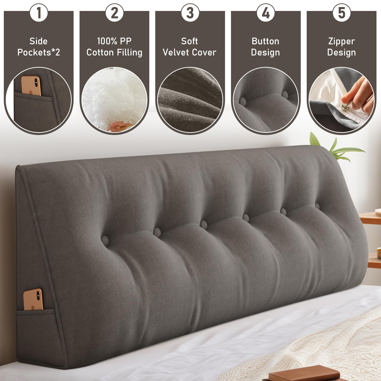 ShowyLive Cuscino Schienale Letto, Cuscino da Lettura per Letto Divano, Cuscino per la Schiena e la Testa con Tasca Laterale, Rivestimento Sfoderabile e Lavabile (100 * 50 * 20 cm, Grigio Scuro)