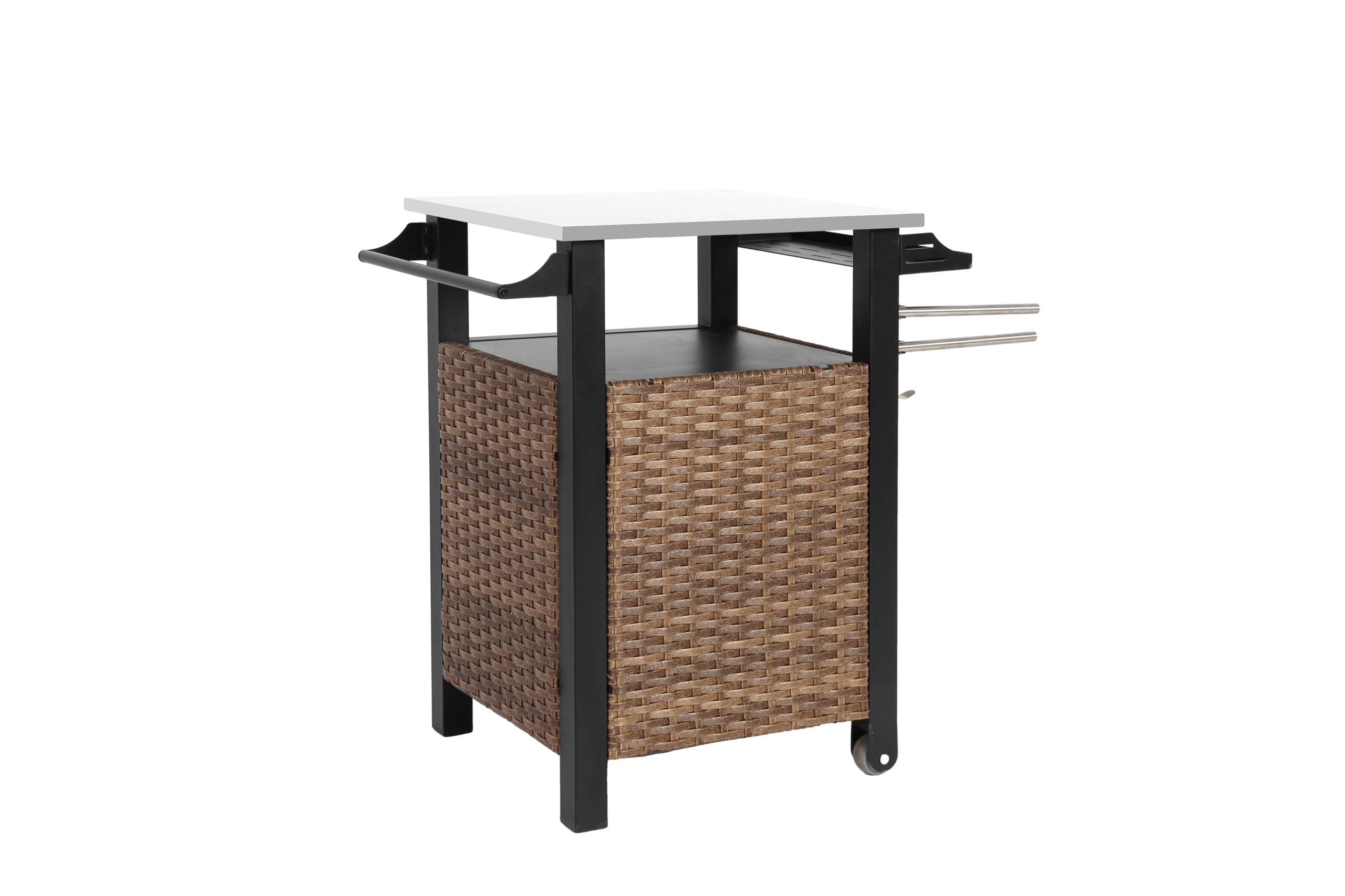 Carrello da portata in rattan con piano estraibile in acciaio inox, isola da cucina per esterni con armadio, cassetto, portabicchieri e apribottiglie, marrone
