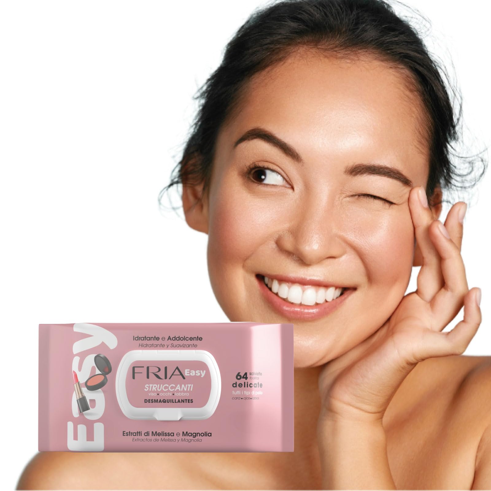 Fria Easy Salviette Struccanti, con Estratti di Melissa e Magnolia ad Effetto Idratante e Addolcente sulla Pelle, Dermatologicamente Testate, Confezione da 64 Salviette
