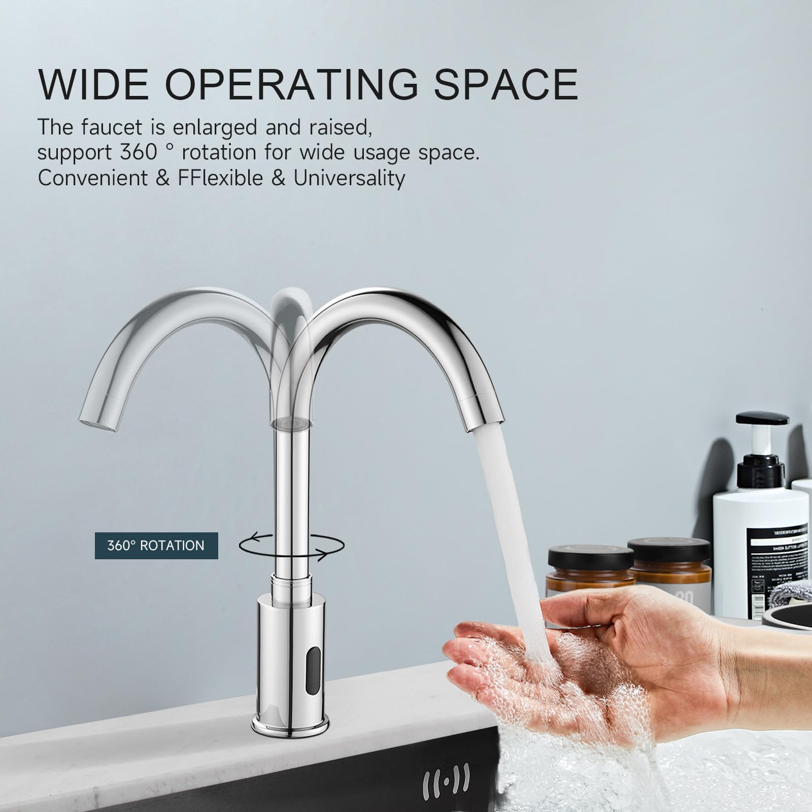 Grifo automático sin contacto para fregadero de baño, sensor de movimiento, grifo de cocina comercial manos libres con placa de cubierta de agujero, alimentado por CA/CC, grifo de fregadero público,