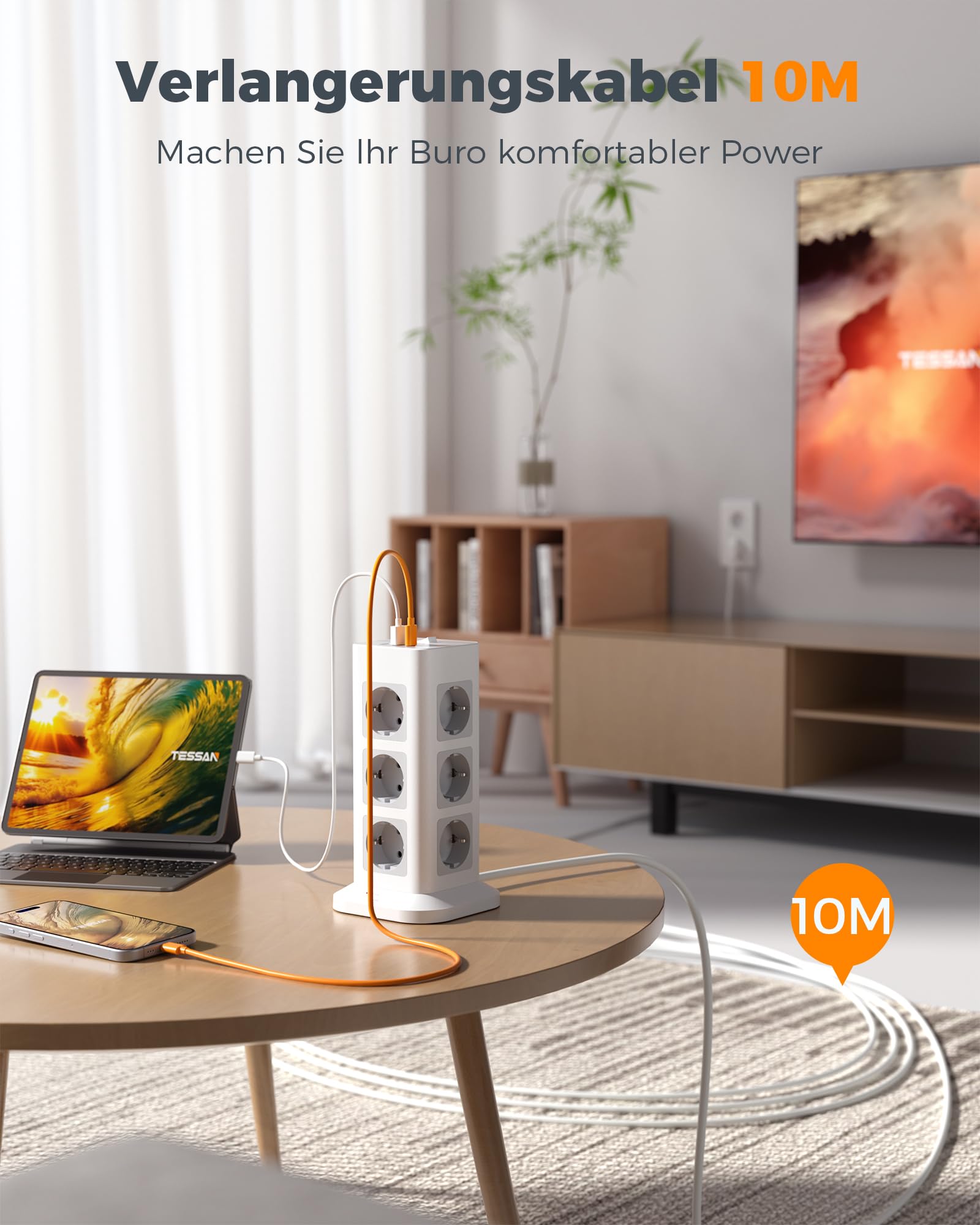 TESSAN Regletas Enchufes con 1 USB C y 2 USB A, regleta 12 enchufes, 10M | Proteccion Sobretension, Interruptor Individual, 15 en 1 Torre Multiple 3600W, Gris, Alargador 10M