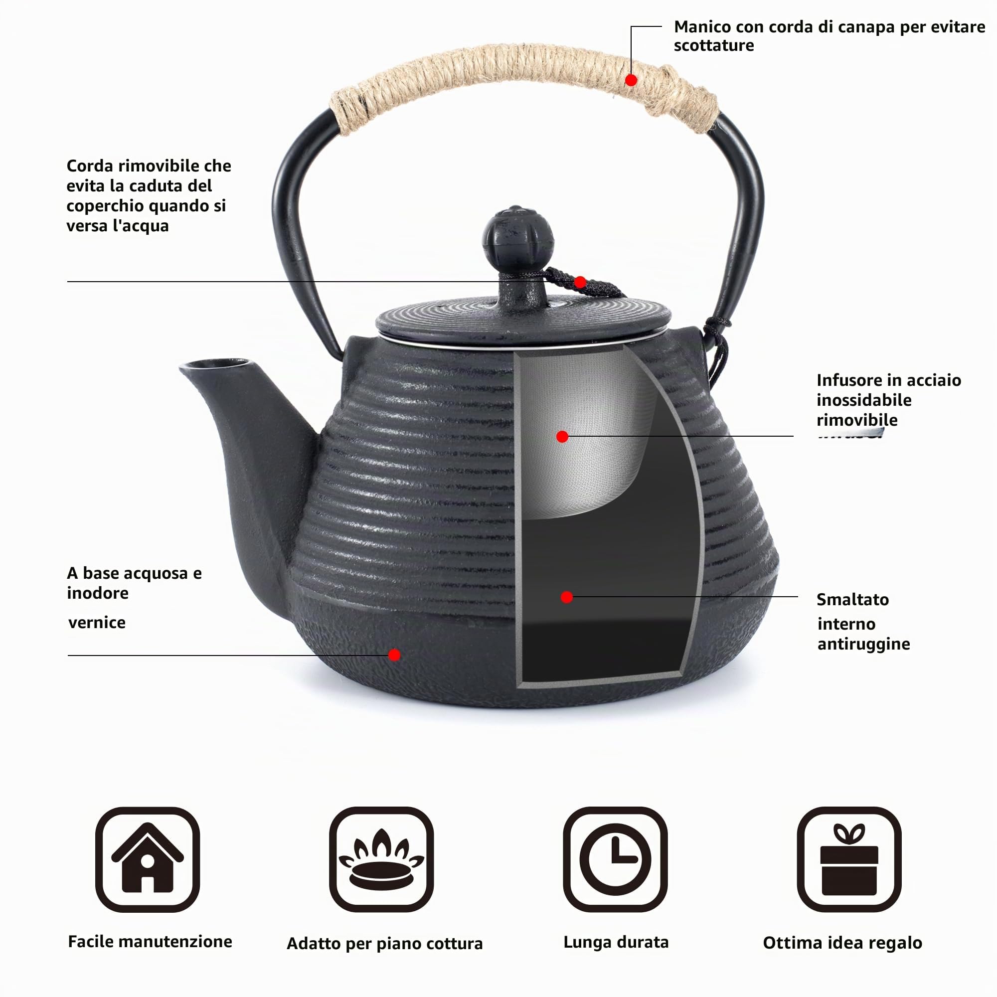 Teiera in ghisa, 1000ml, bollitore sicuro per piano cottura con infusore per foglie di tè sfuse, teiera giapponese con rivestimento interno smaltato, nera