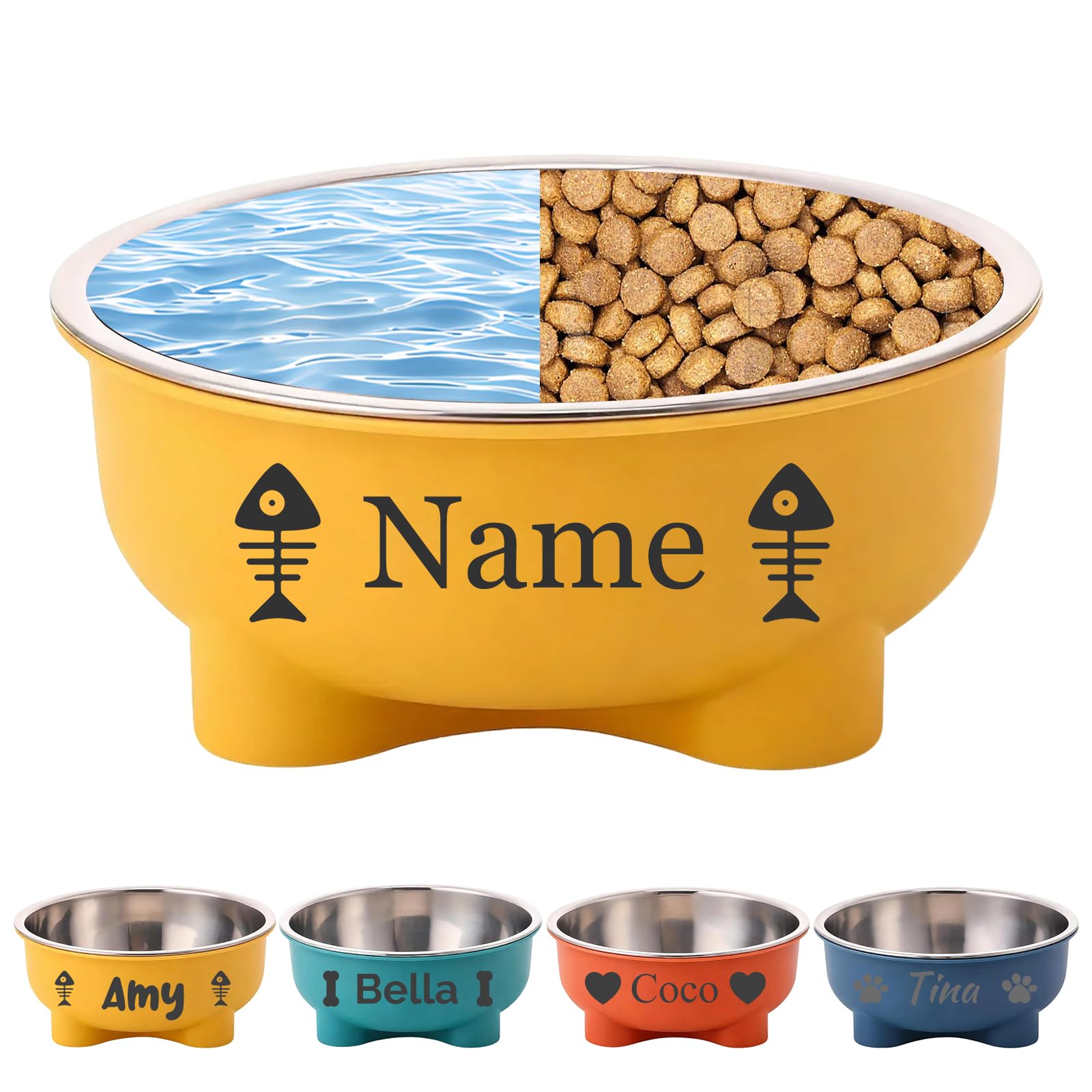 Personalised Pet Bowl with Name Engraving, Custom Stainless Steel Dog or Cat Food & Water Dish, 500ml Neck Relief Feeder Bowl (Yellow)