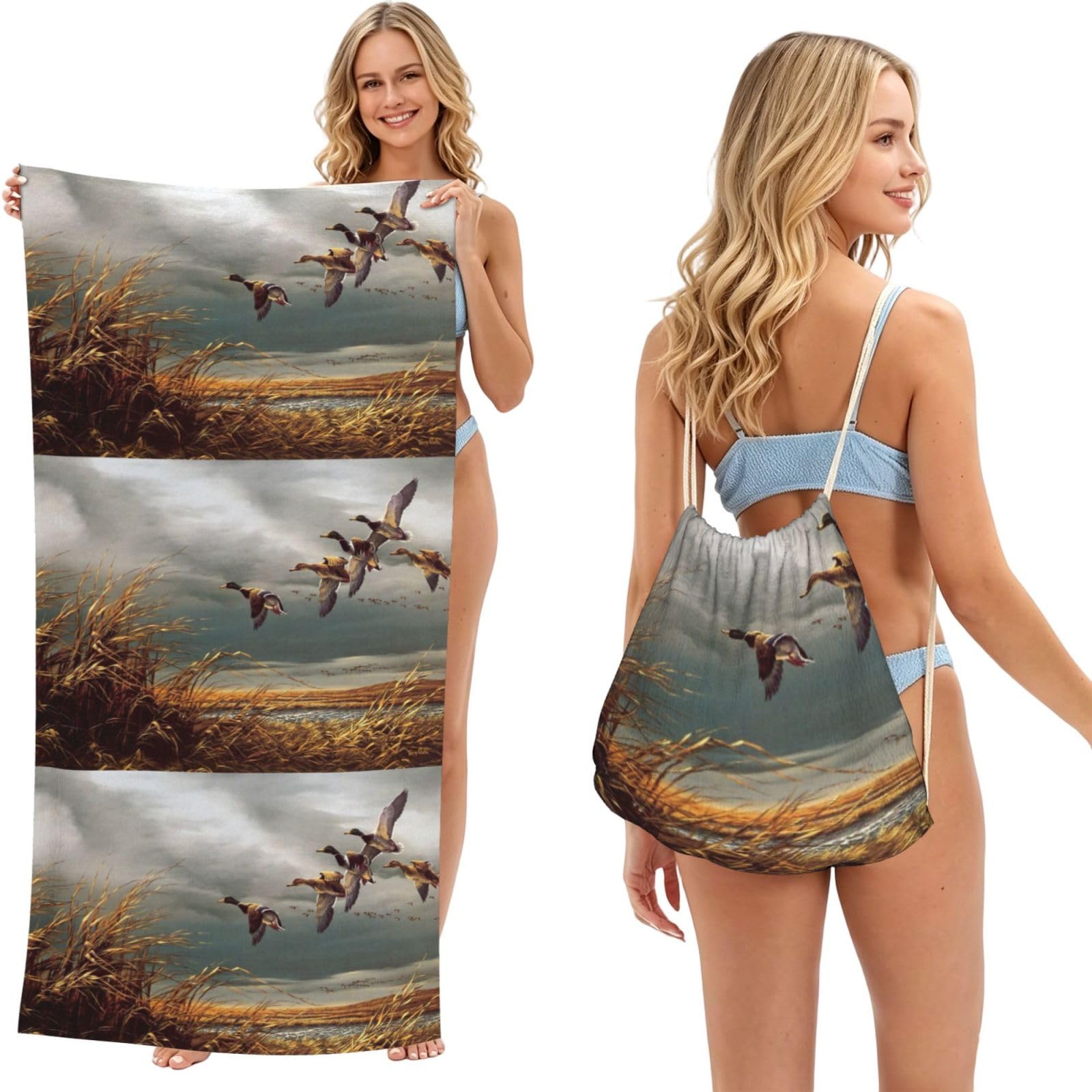 Poadnly As Picture Hunting Flying Wild Ducks, 2 In 1 Packable Towel Bag, Beach Towels With Drawstring Backpack For Travel Holiday Camping