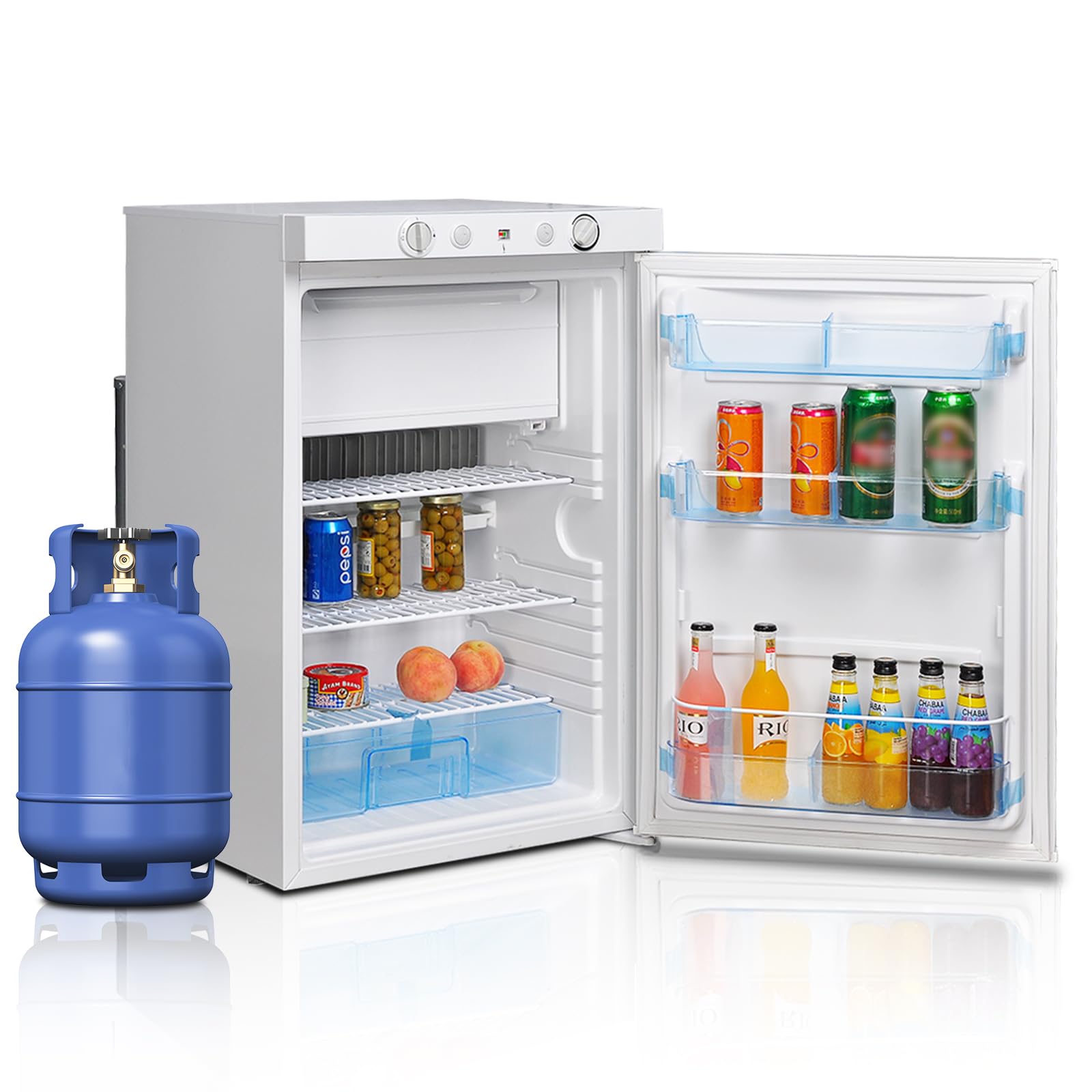 SMETA RV Off Grid Propane Refrigerator with Freezer, 3.5 Cu.Ft 3 way Camper Outdoor Fridge, 12V/110V/LPG, Compact 3 Way Garage Refrigerators for Travel Cabin Truck Patio, White