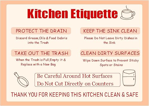 2 letreros de etiqueta de cocina de 5 x 7 pulgadas, imán de nevera, reglas de cocina, esenciales para anfitriones, recordatorio de limpieza,