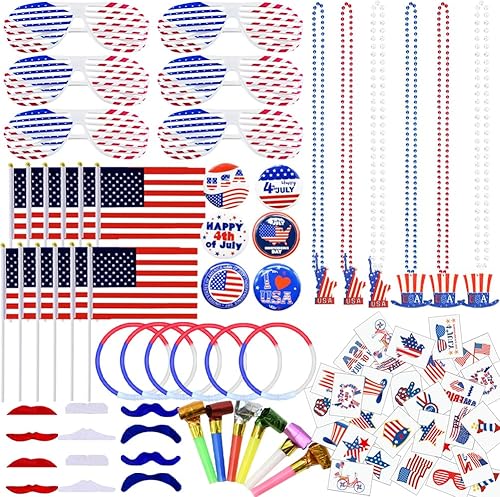 CAMIRUS Recuerdos de fiesta del 4 de julio, 126 piezas de accesorios patrióticos, banderas de Estados Unidos, collares, palillos brillantes,