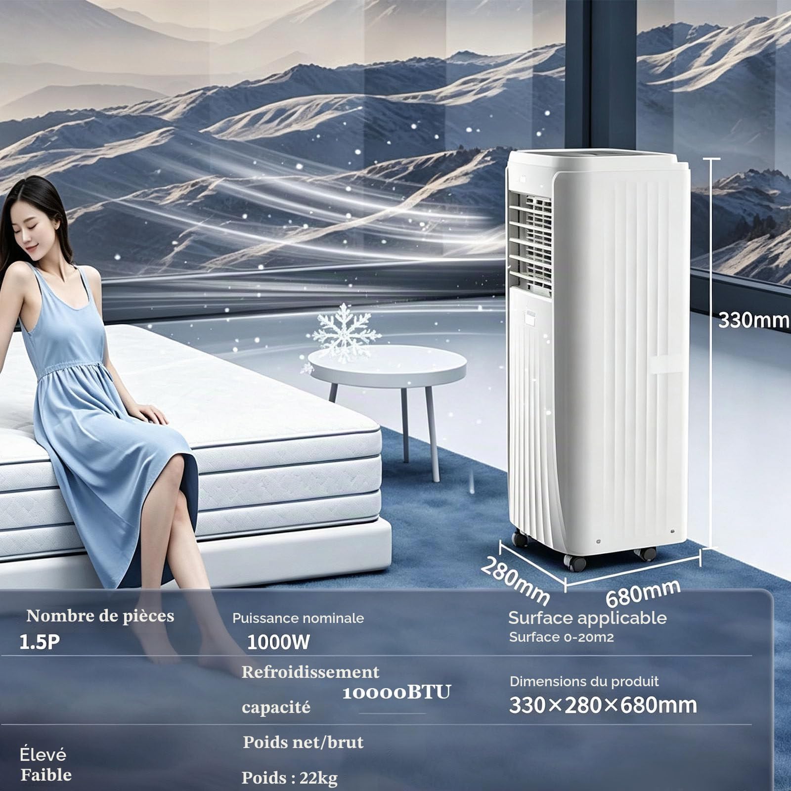 Climatiseur Portable, unité de climatisation 3 en 1 10000BTU/12000BTU | Climatiseur sur Pied ; climatiseur Portable Silencieux pour Appartements, dortoirs et Camping-Cars 10000BTU