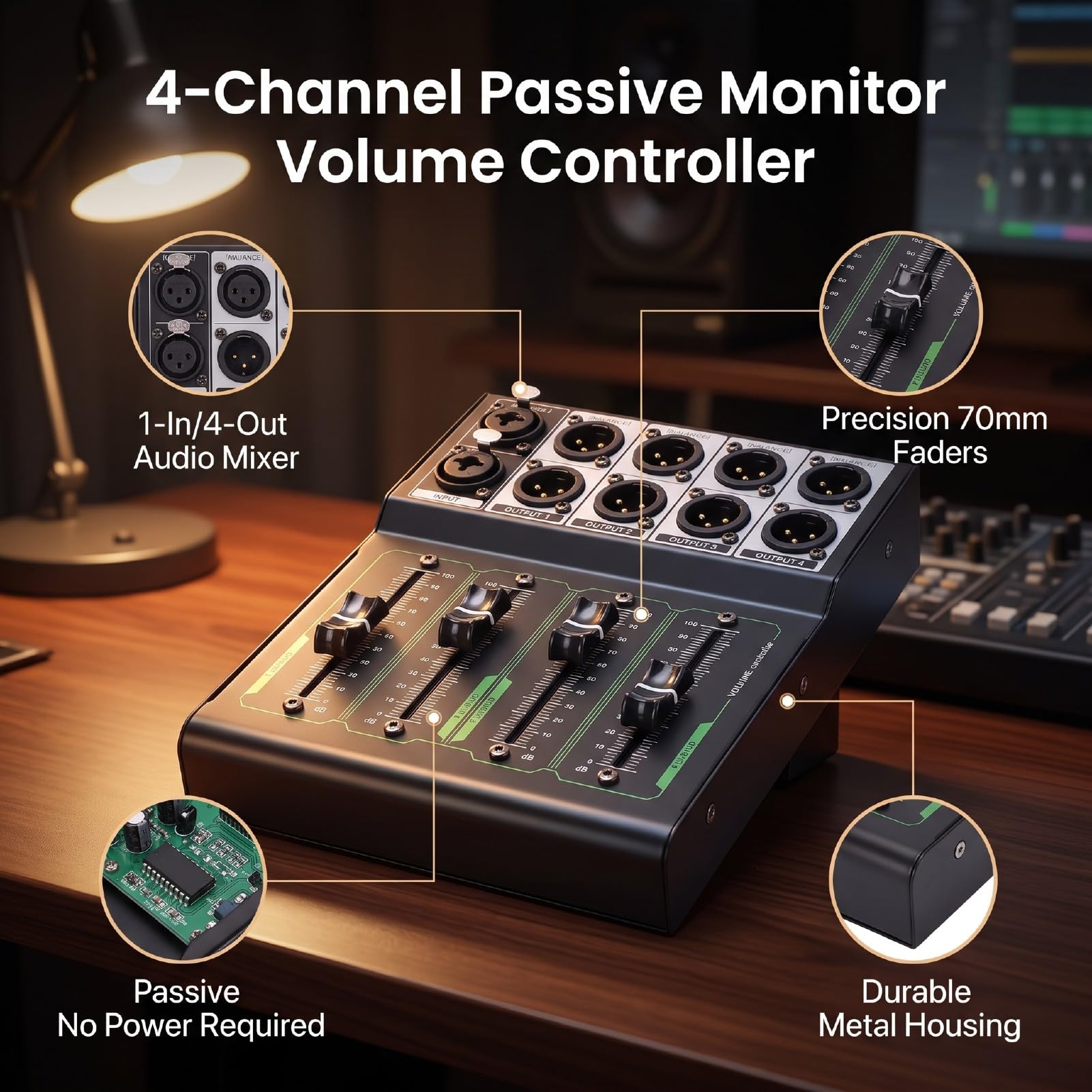 Bewinner Controller Volume Passivo Xlr per Mixer da Studio a 4 Canali | Corpo in metallo, fader da 70 mm, 1 ingresso 4 uscite, Home Theater, studio di registrazione