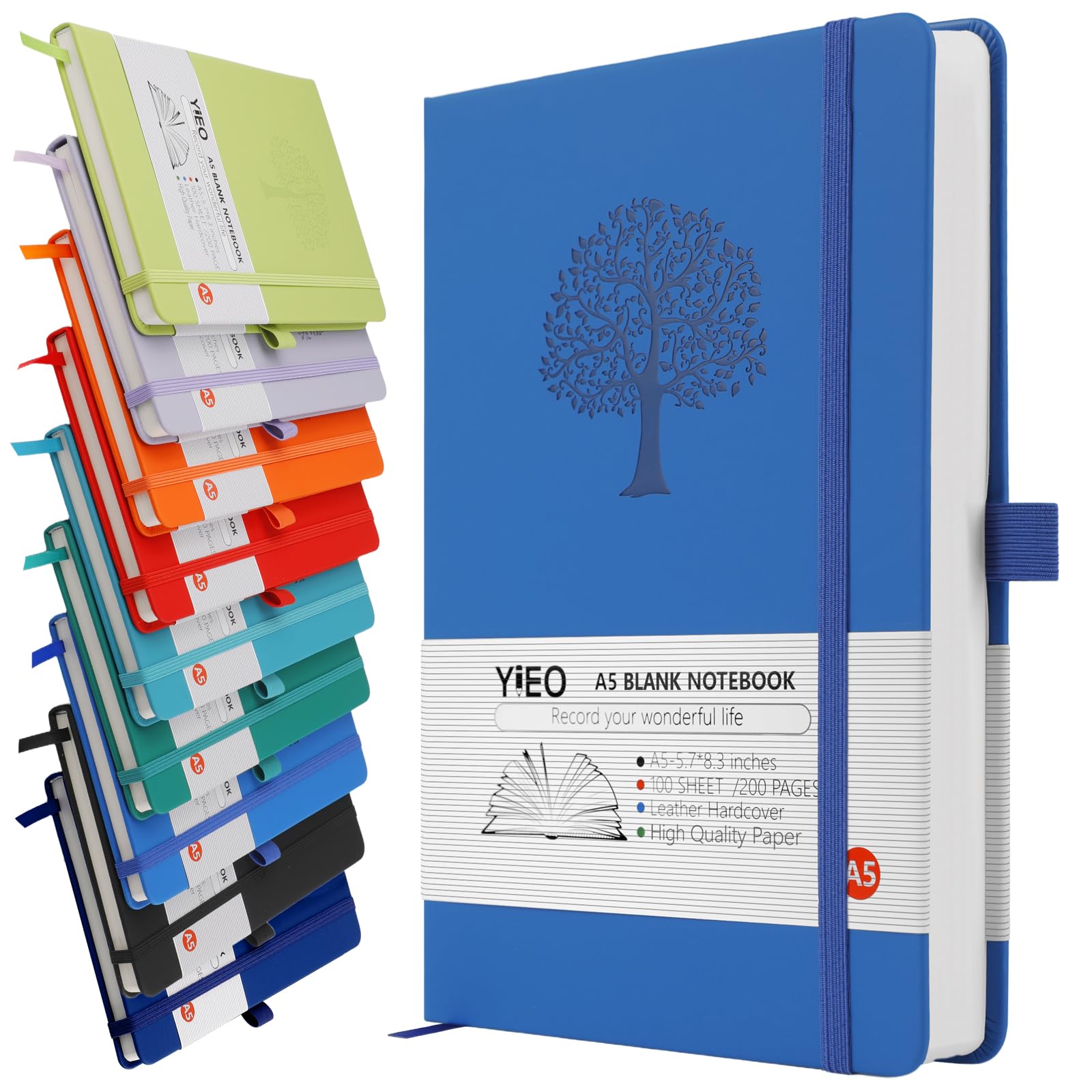 YIEO A5 Notebook Blank Journal, 200 Pages Hardcover Leather Sketch Book with 80GSM Plain Paper, Unlined Notepad, Sketchbook for Women Men Work School Drawing, 14.5 x 21cm-Blue