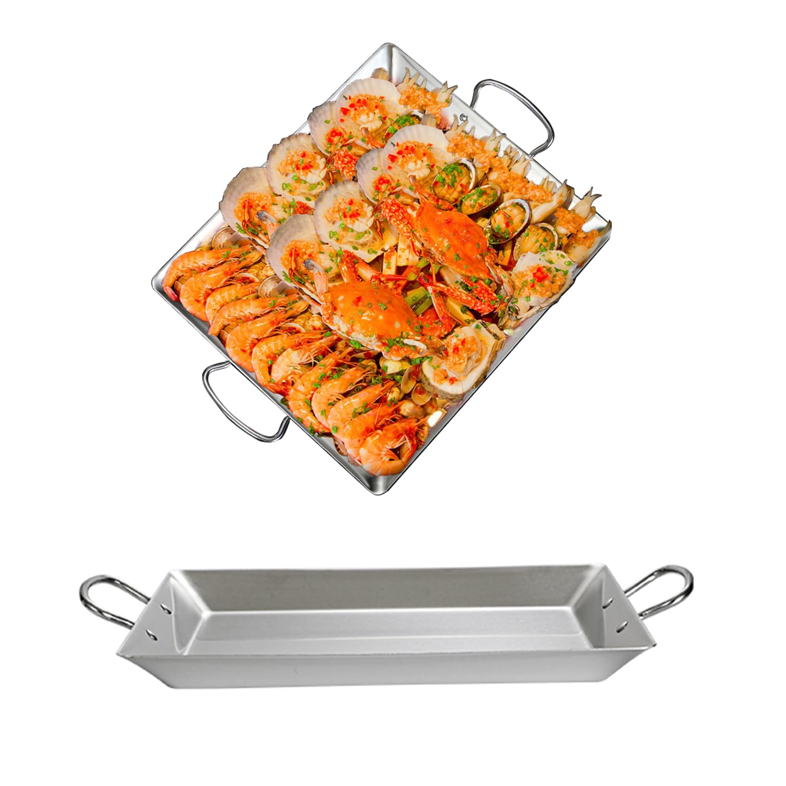 SVRITE Paellera española de acero inoxidable con fondo plano de 41,5/45/48,3 cm, plato de pescado horneado, bandeja de mariscos con asas dobles remachadas, utensilios de cocina para hogares o
