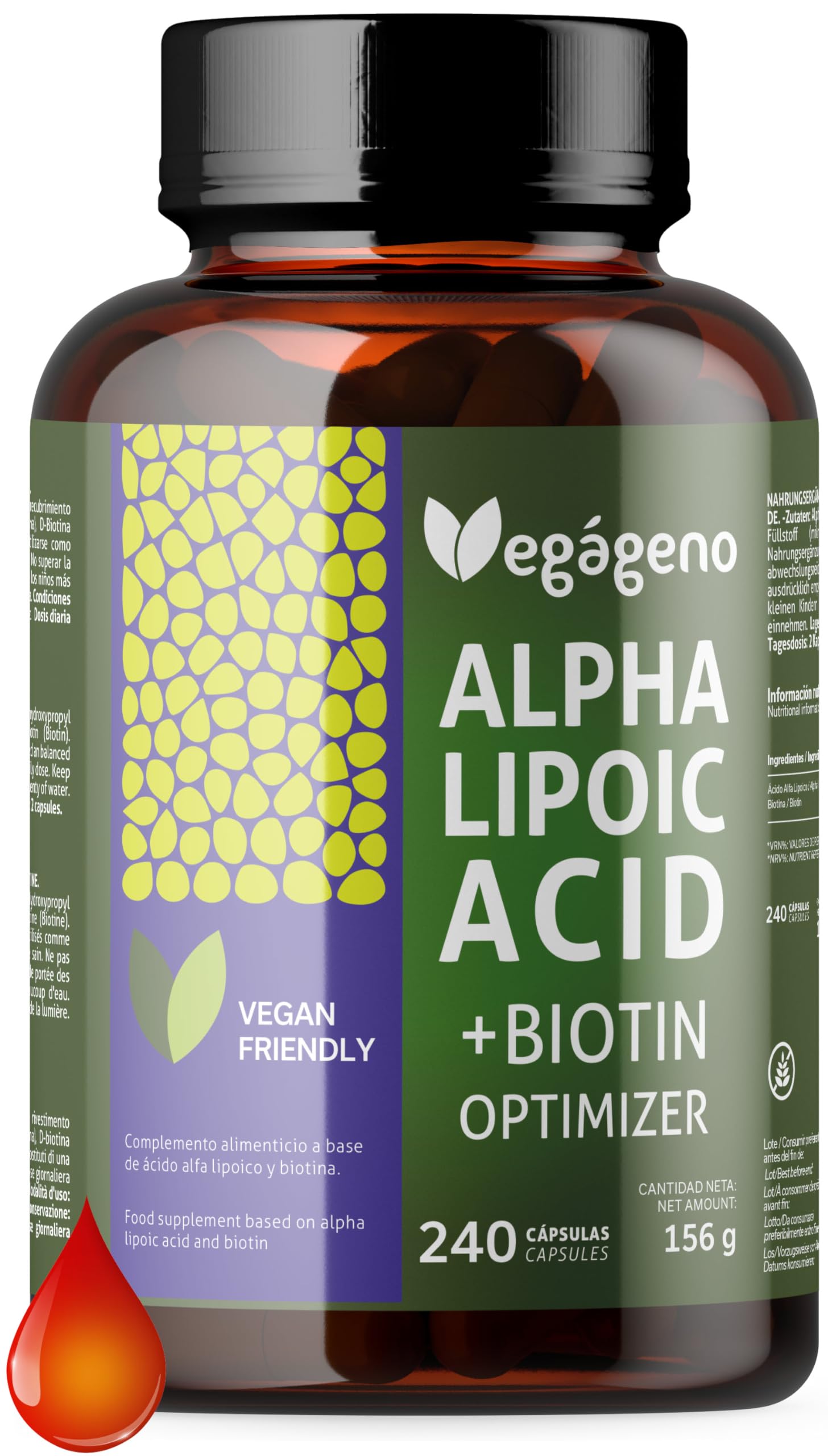Acide Alpha Lipoïque (ALA) + BIOTIN Optimizer 600 mg. 240 gélules végétales. Approvisionnement de 4 mois. Absorption maximale. Antioxydant naturel. Sans gluten. Non OGM. Vegan