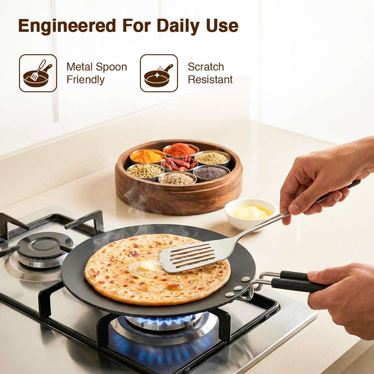 Prestige Hard Anodized Plus Roti/Chapati Tawa (Aluminium)|Wide Base with 26.5 cm|Perma Cool Handle|Gas & Induction Compatible|2 Years Warranty — Amazon image 7