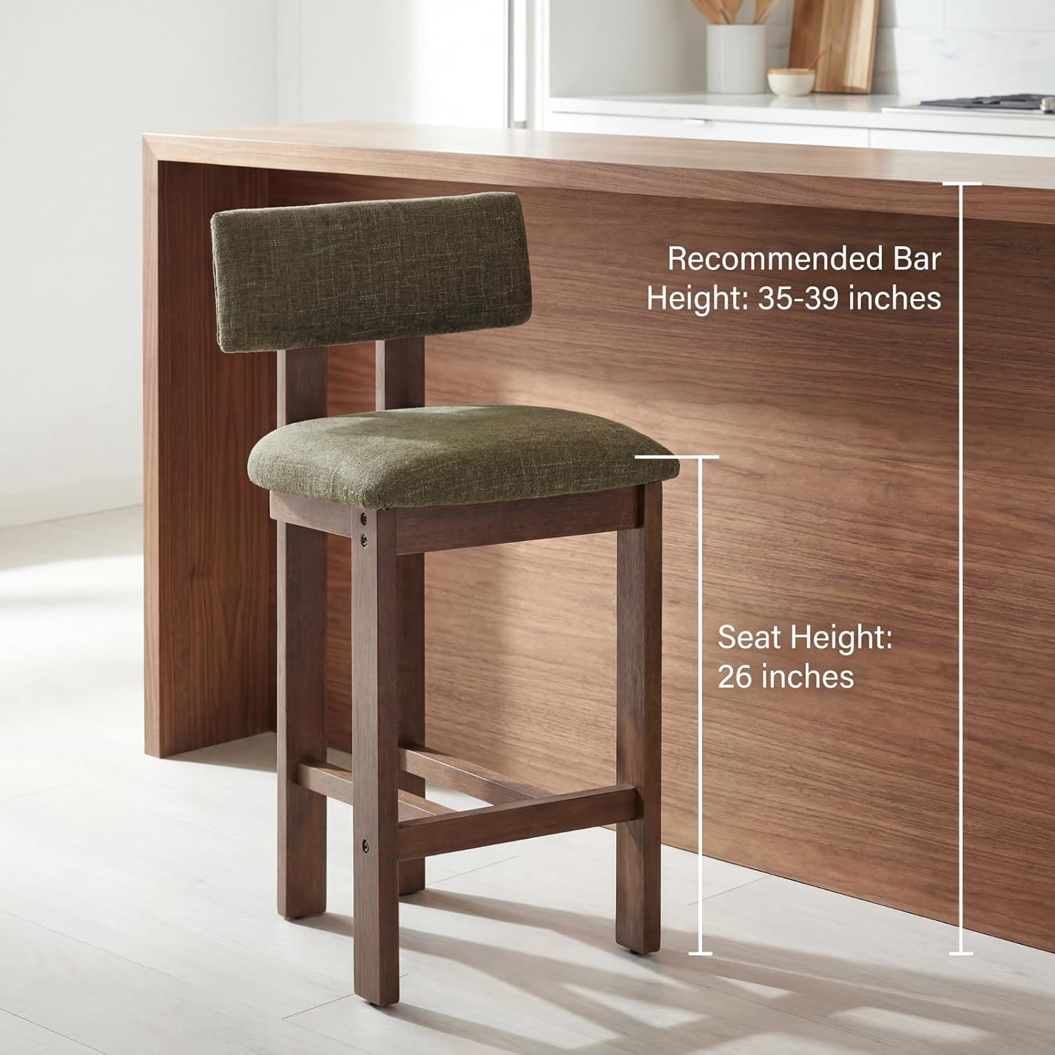 HNY 26 Inch Counter Height Bar Stools Set of 2 with Curved Back, Modern Linen Upholstered Farmhouse Counter Stools, Kitchen Island Bar Chairs with Solid Wood Frame for Island Countertop, Green
